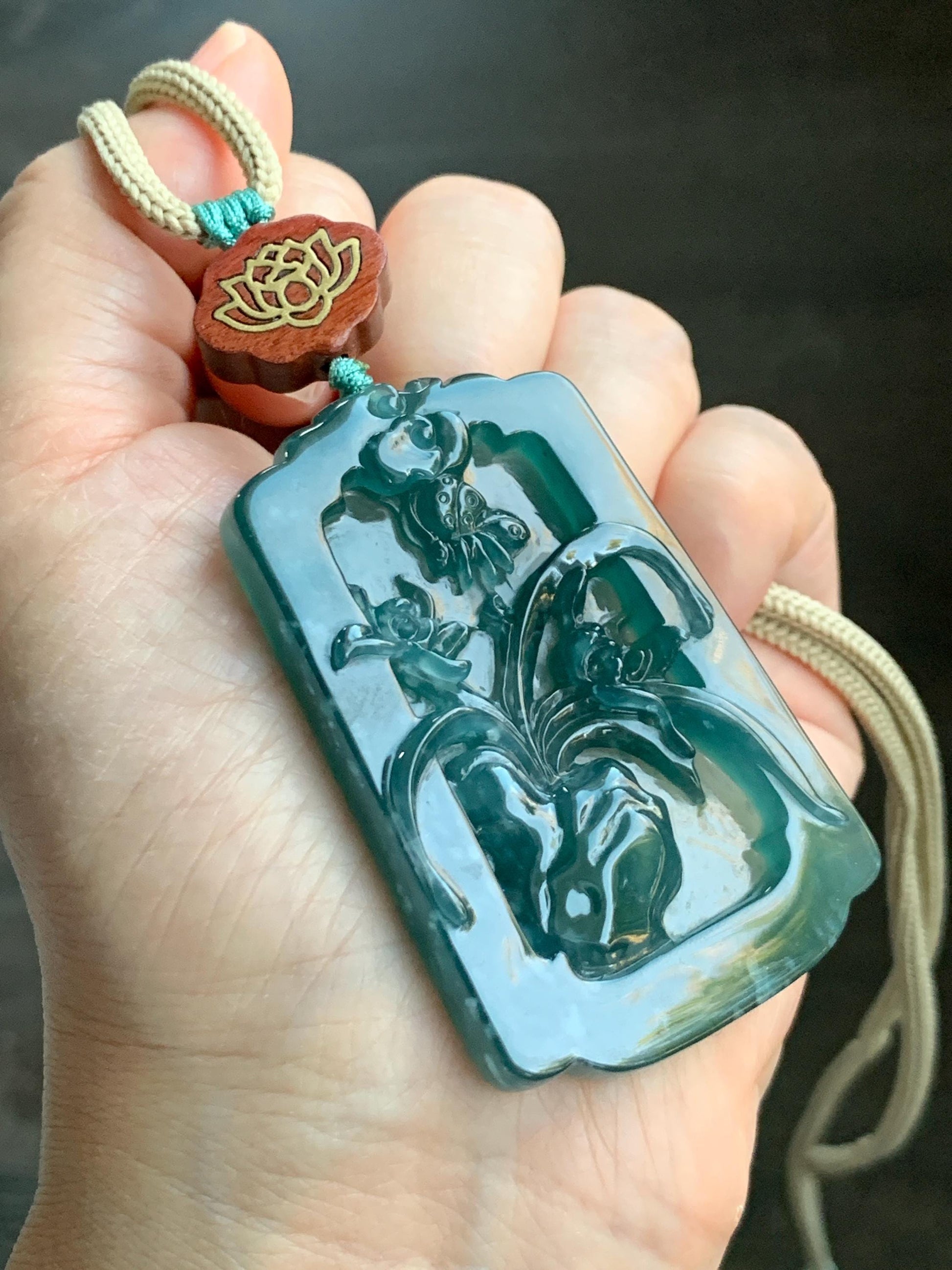 Natural Grade A Guatemalan Icy Translucent Dark Teal Blue Jade Jadeite Carved Orchid Pendant Rope Necklace 29.5" 40g 天然冰危湖水蓝翡翠兰花牌吊坠LHP220