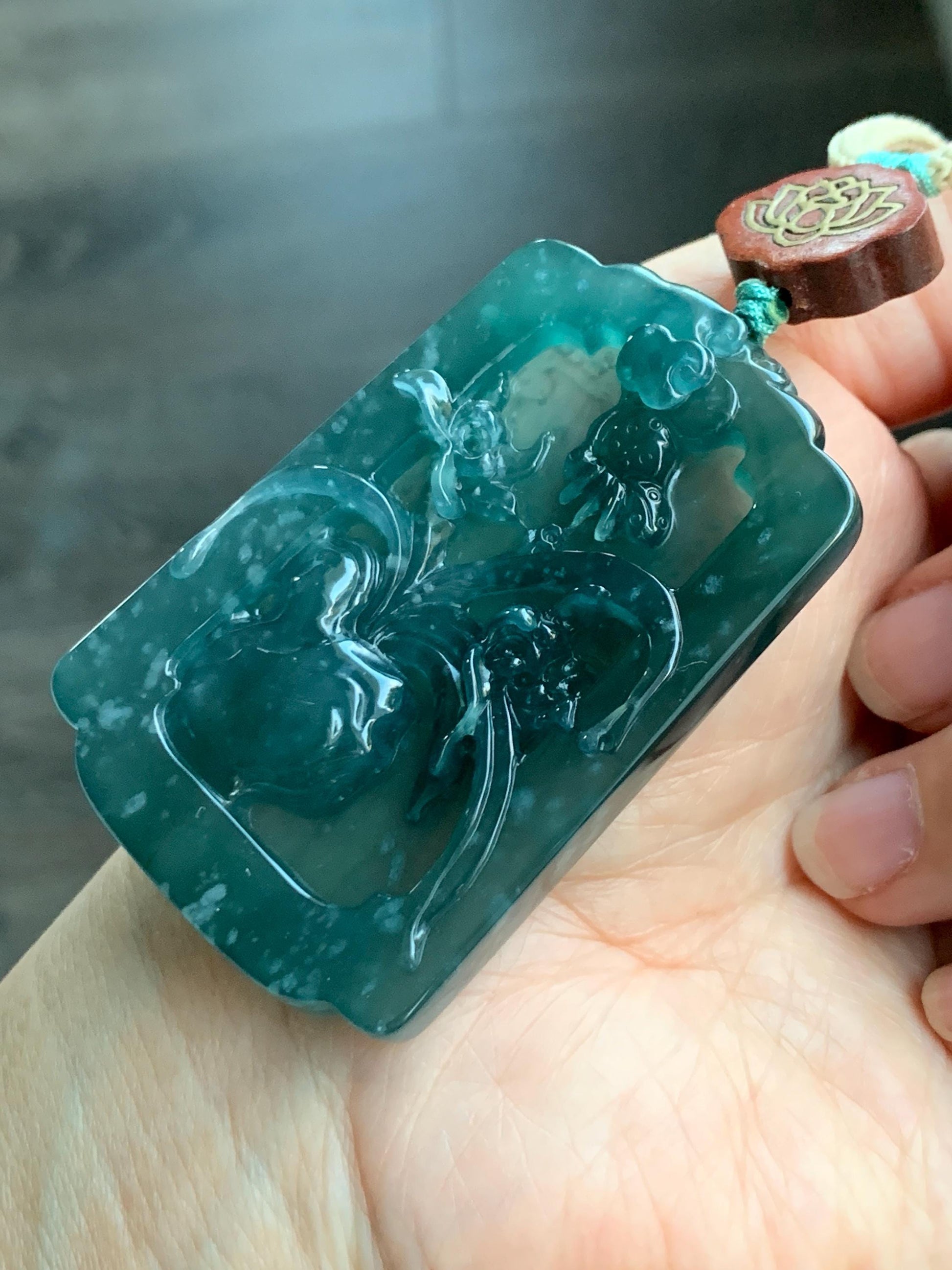 Natural Grade A Guatemalan Icy Translucent Dark Teal Blue Jade Jadeite Carved Orchid Pendant Rope Necklace 29.5" 40g 天然冰危湖水蓝翡翠兰花牌吊坠LHP220