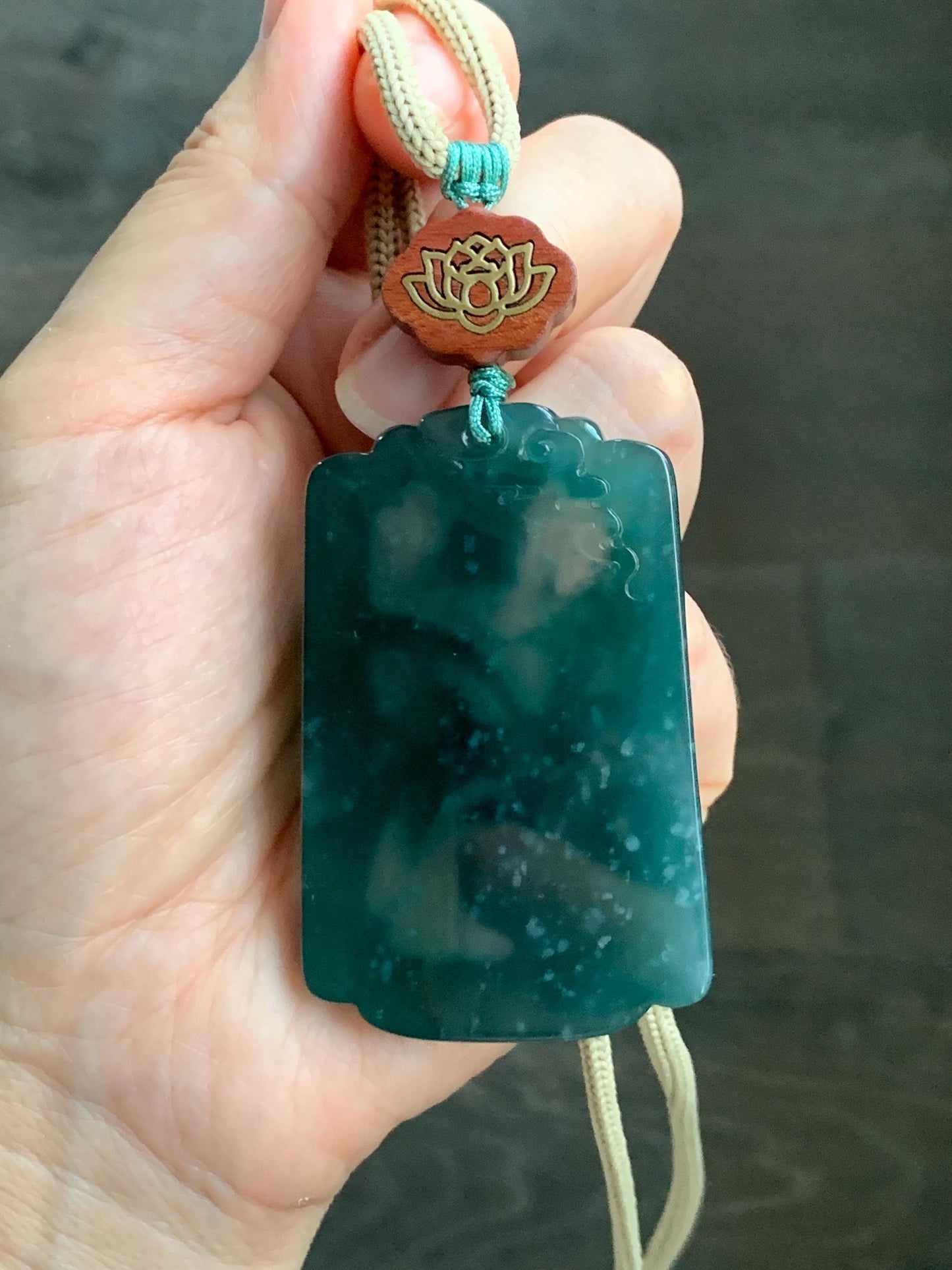 Natural Grade A Guatemalan Icy Translucent Dark Teal Blue Jade Jadeite Carved Orchid Pendant Rope Necklace 29.5" 40g 天然冰危湖水蓝翡翠兰花牌吊坠LHP220