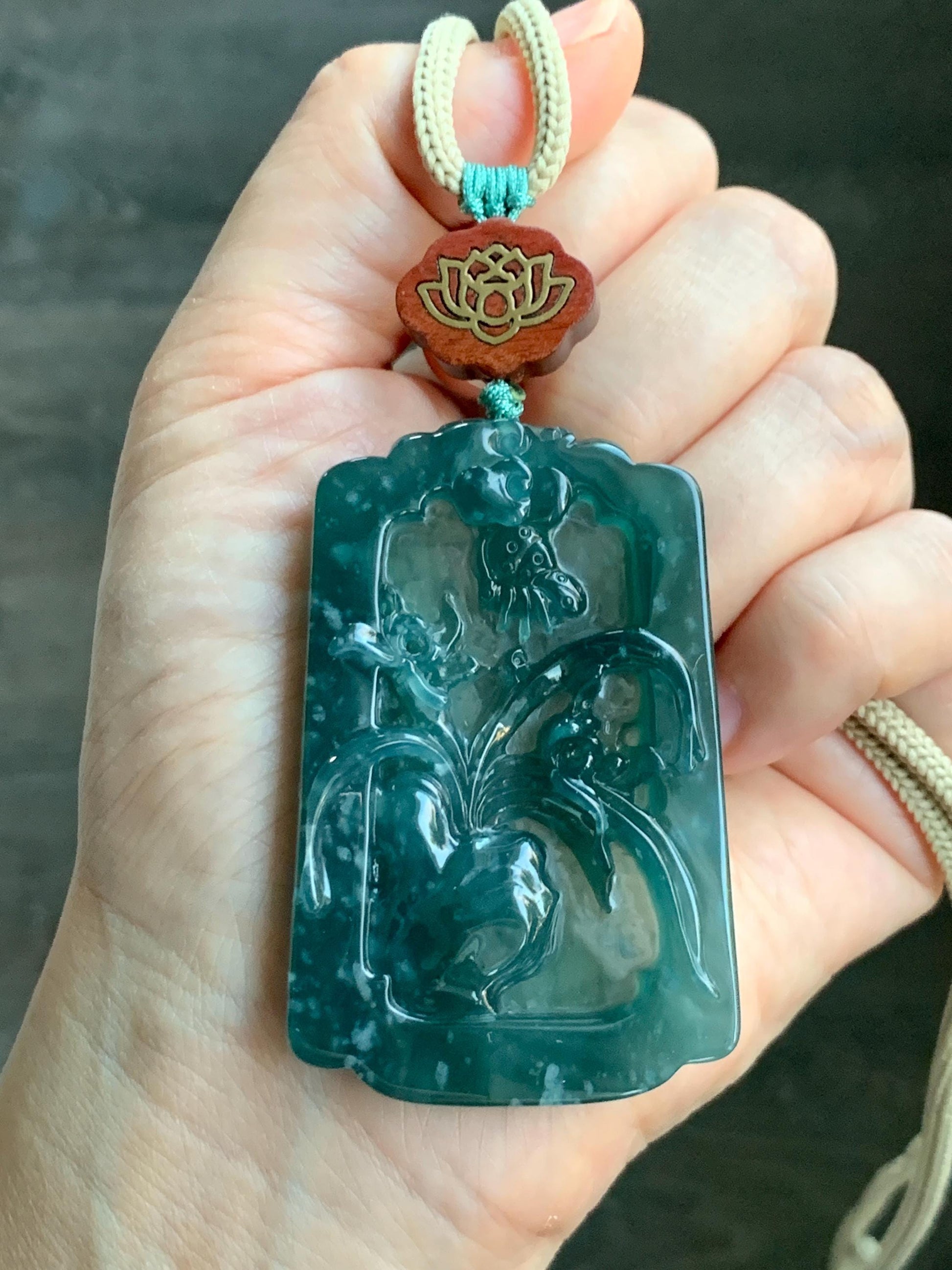 Natural Grade A Guatemalan Icy Translucent Dark Teal Blue Jade Jadeite Carved Orchid Pendant Rope Necklace 29.5" 40g 天然冰危湖水蓝翡翠兰花牌吊坠LHP220