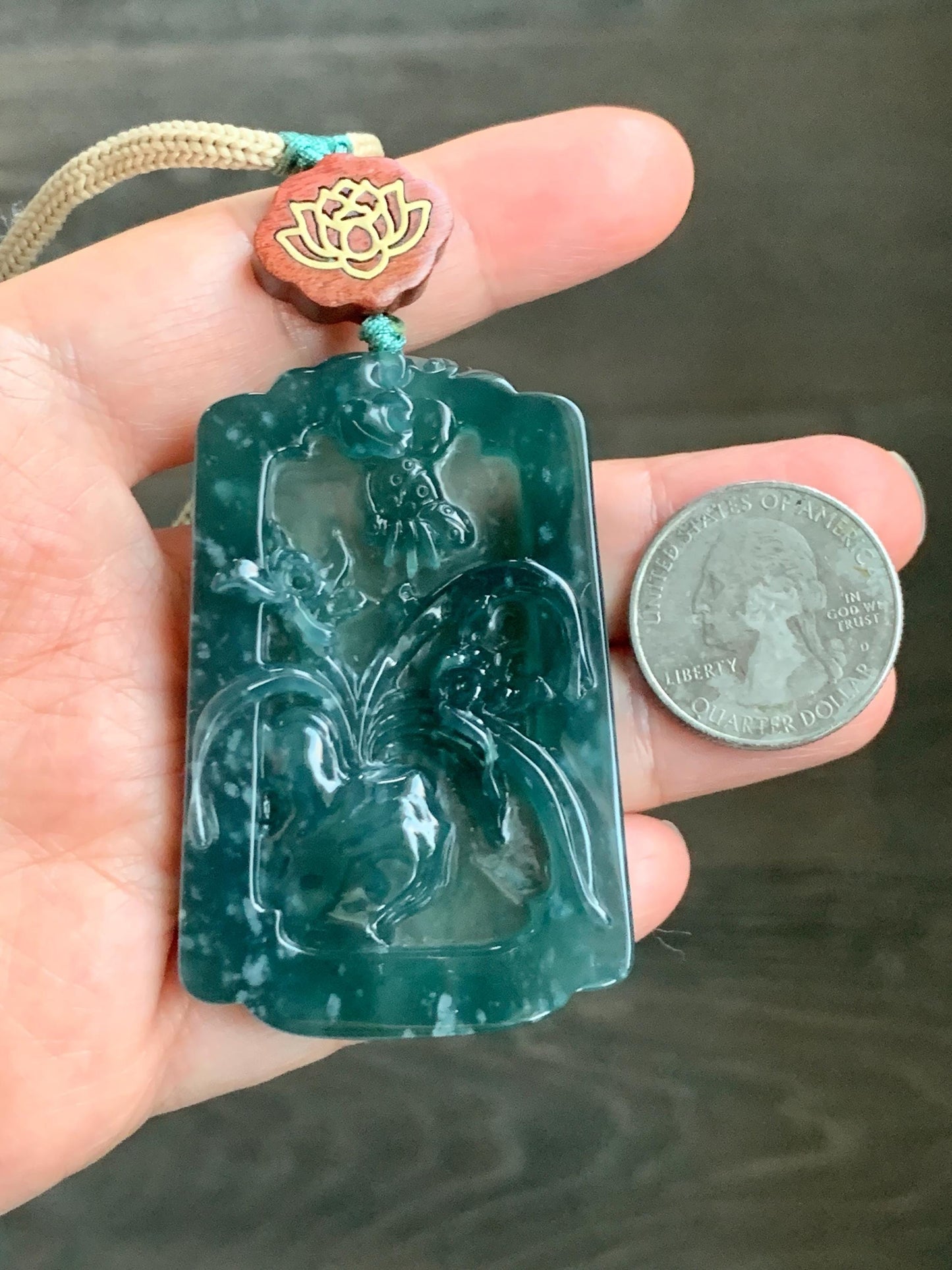 Natural Grade A Guatemalan Icy Translucent Dark Teal Blue Jade Jadeite Carved Orchid Pendant Rope Necklace 29.5" 40g 天然冰危湖水蓝翡翠兰花牌吊坠LHP220