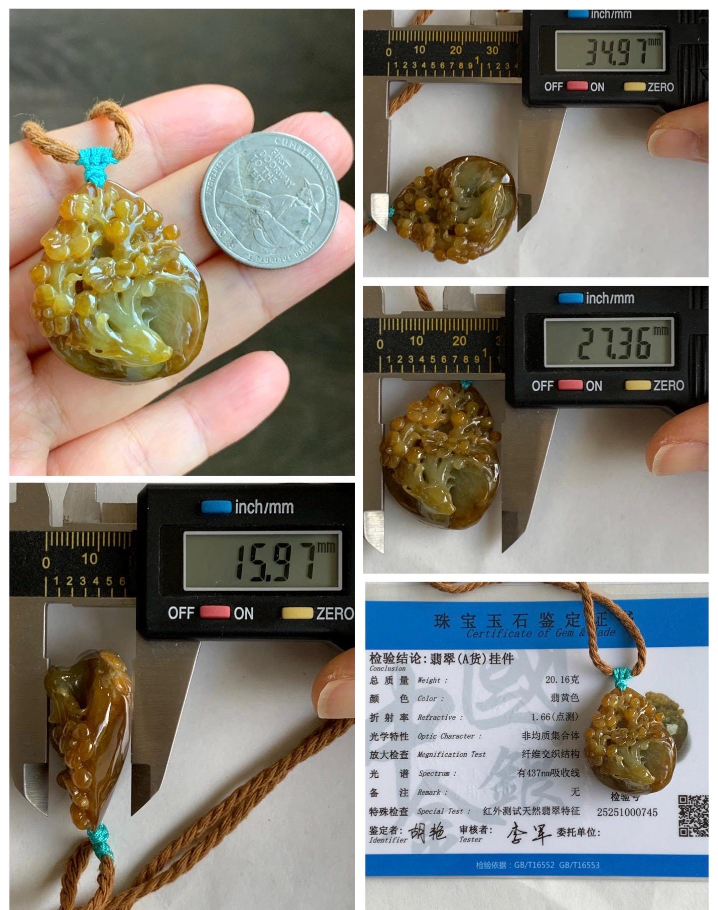 Certified Natural Grade A Icy Translucent Intense Dark Yellow Jade Jadeite Cherry Blossom Deer Pendant Rope Necklace 27” 天然冰红黄翡翠梅花鹿吊坠项链0745