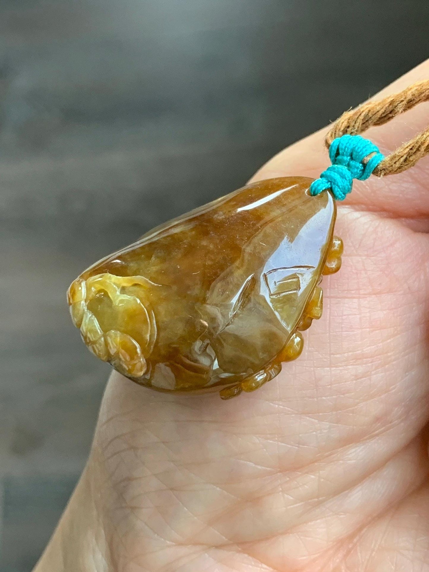 Certified Natural Grade A Icy Translucent Intense Dark Yellow Jade Jadeite Cherry Blossom Deer Pendant Rope Necklace 27” 天然冰红黄翡翠梅花鹿吊坠项链0745