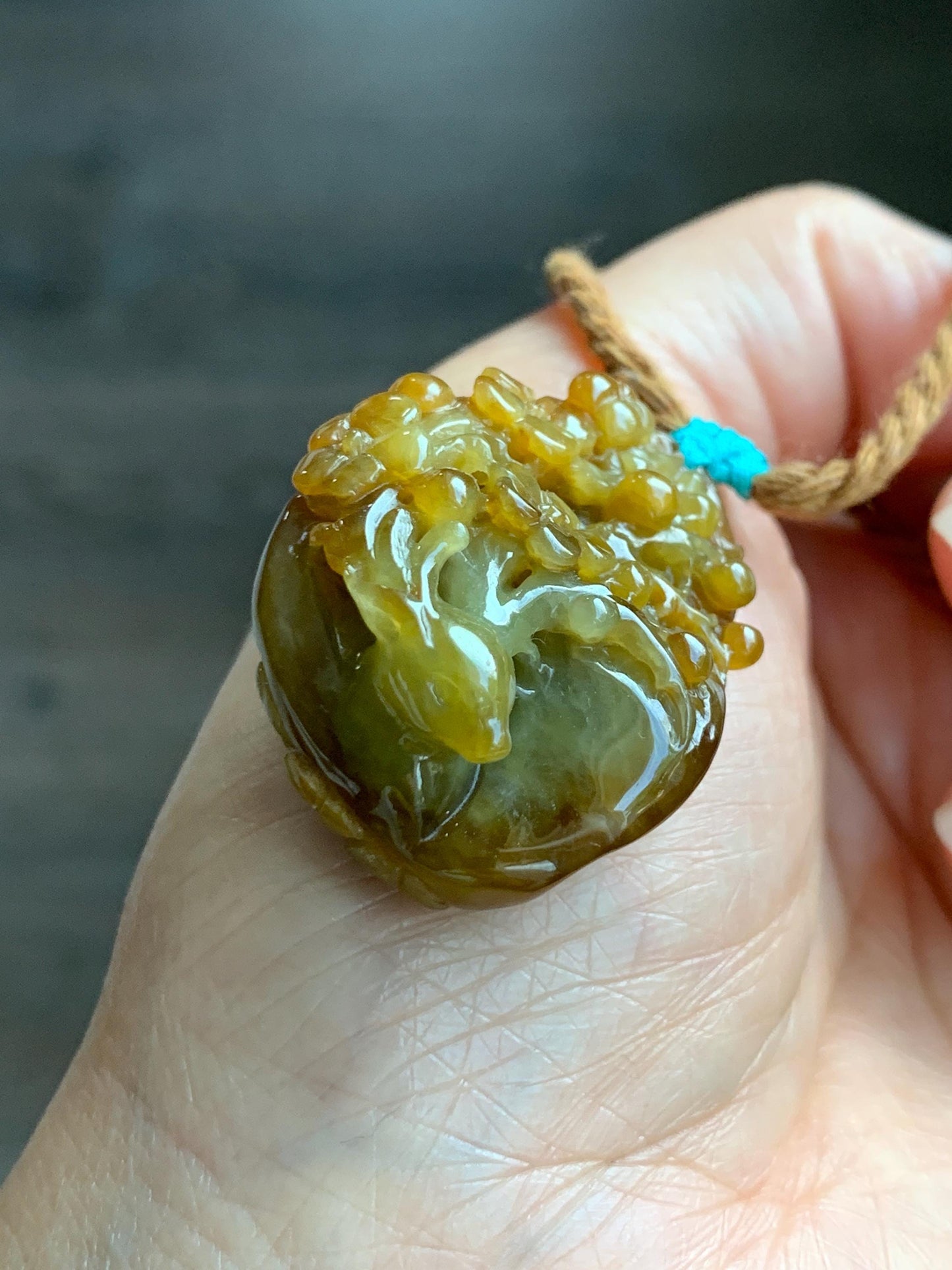 Certified Natural Grade A Icy Translucent Intense Dark Yellow Jade Jadeite Cherry Blossom Deer Pendant Rope Necklace 27” 天然冰红黄翡翠梅花鹿吊坠项链0745