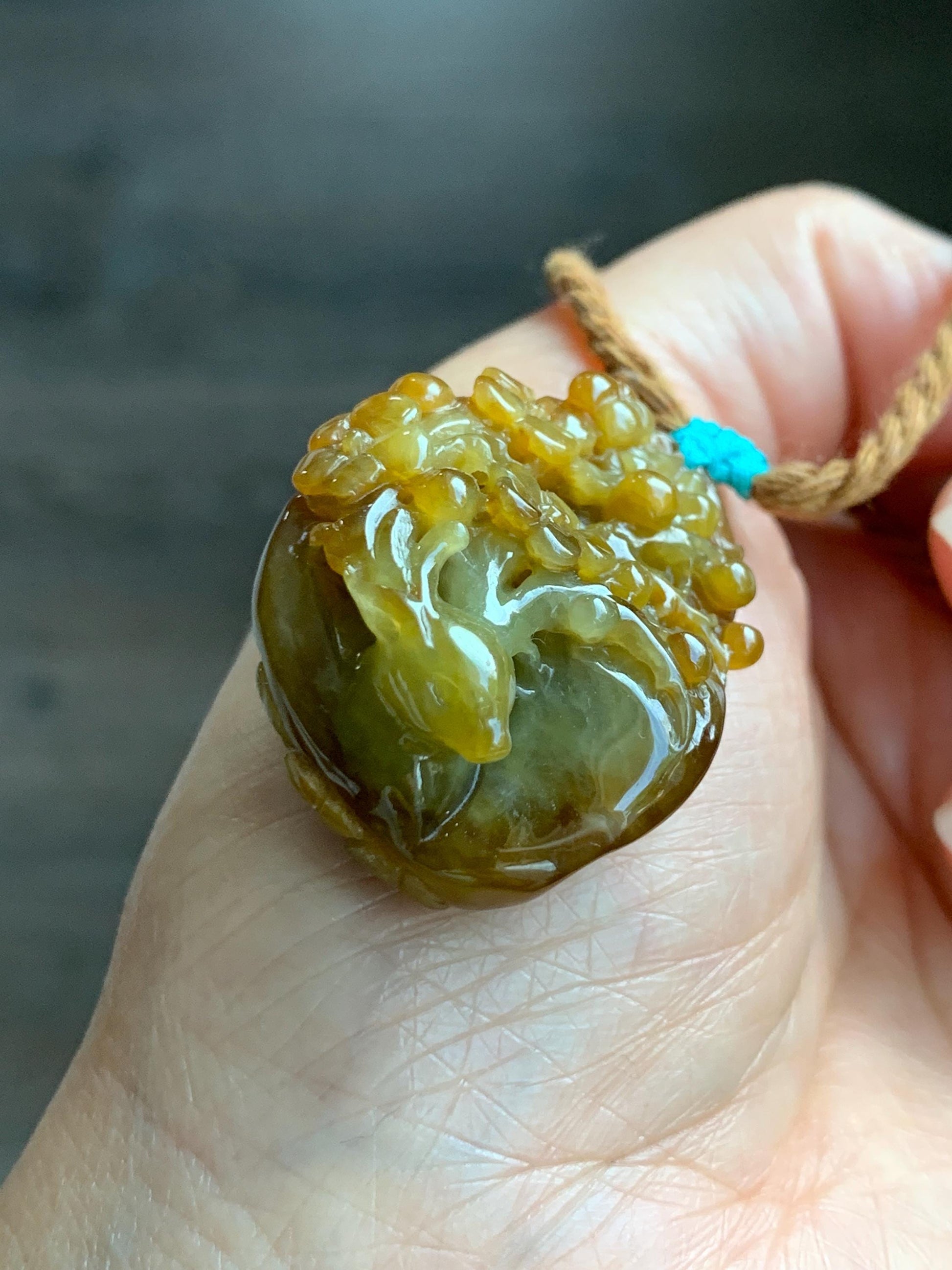 Certified Natural Grade A Icy Translucent Intense Dark Yellow Jade Jadeite Cherry Blossom Deer Pendant Rope Necklace 27” 天然冰红黄翡翠梅花鹿吊坠项链0745