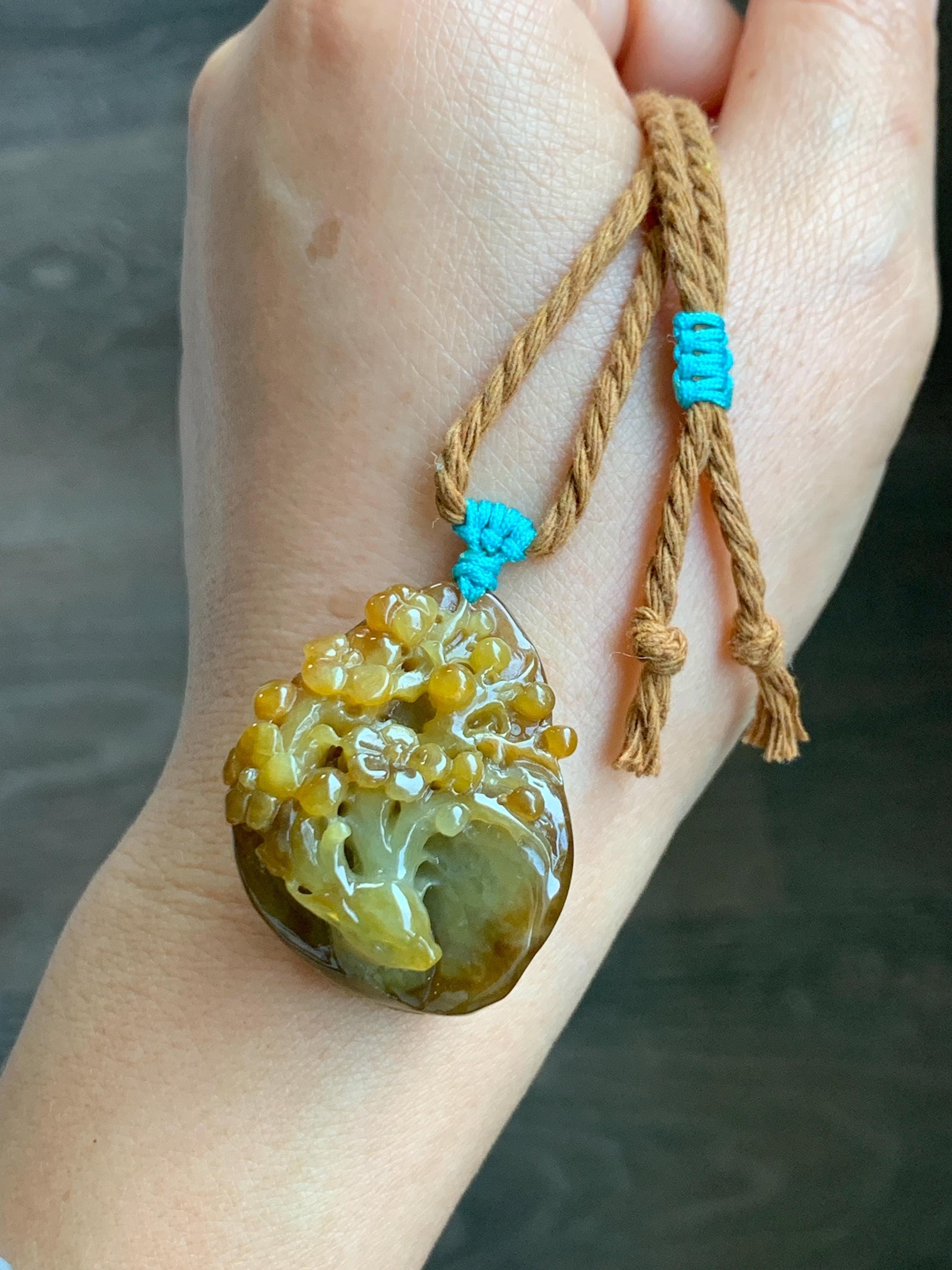 Certified Natural Grade A Icy Translucent Intense Dark Yellow Jade Jadeite Cherry Blossom Deer Pendant Rope Necklace 27” 天然冰红黄翡翠梅花鹿吊坠项链0745
