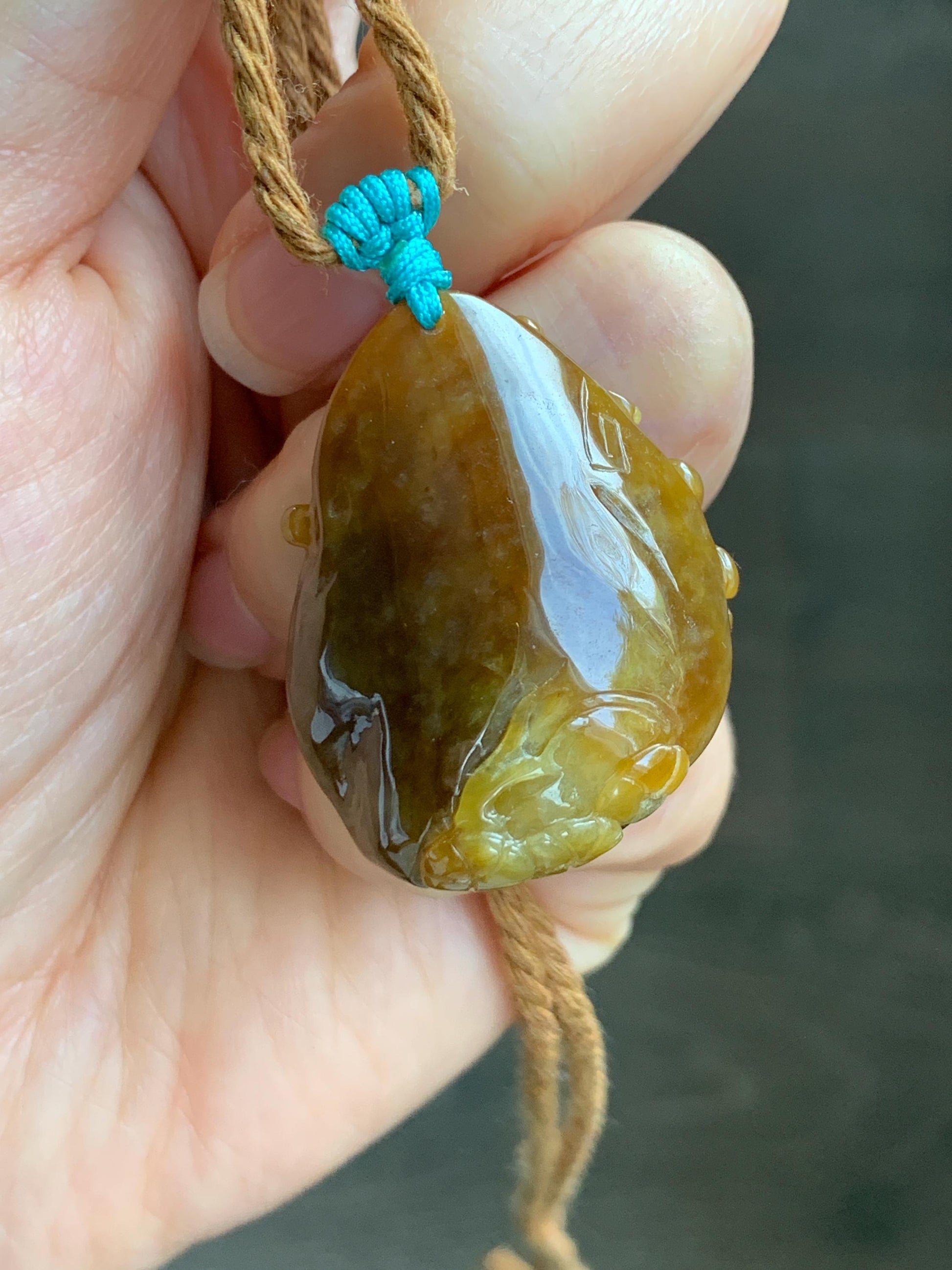 Certified Natural Grade A Icy Translucent Intense Dark Yellow Jade Jadeite Cherry Blossom Deer Pendant Rope Necklace 27” 天然冰红黄翡翠梅花鹿吊坠项链0745