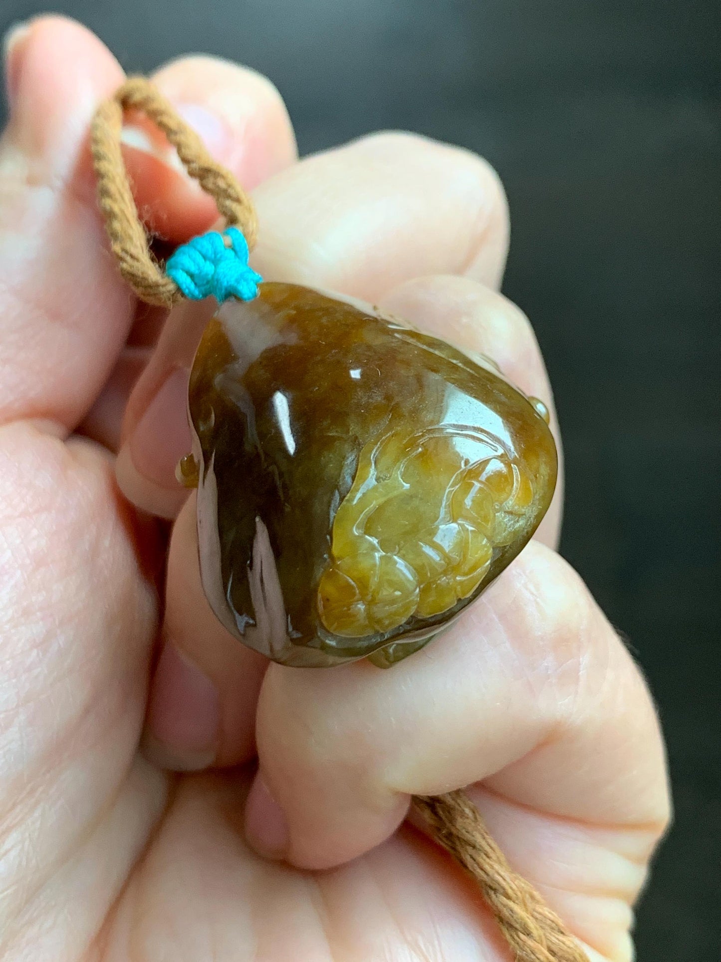 Certified Natural Grade A Icy Translucent Intense Dark Yellow Jade Jadeite Cherry Blossom Deer Pendant Rope Necklace 27” 天然冰红黄翡翠梅花鹿吊坠项链0745