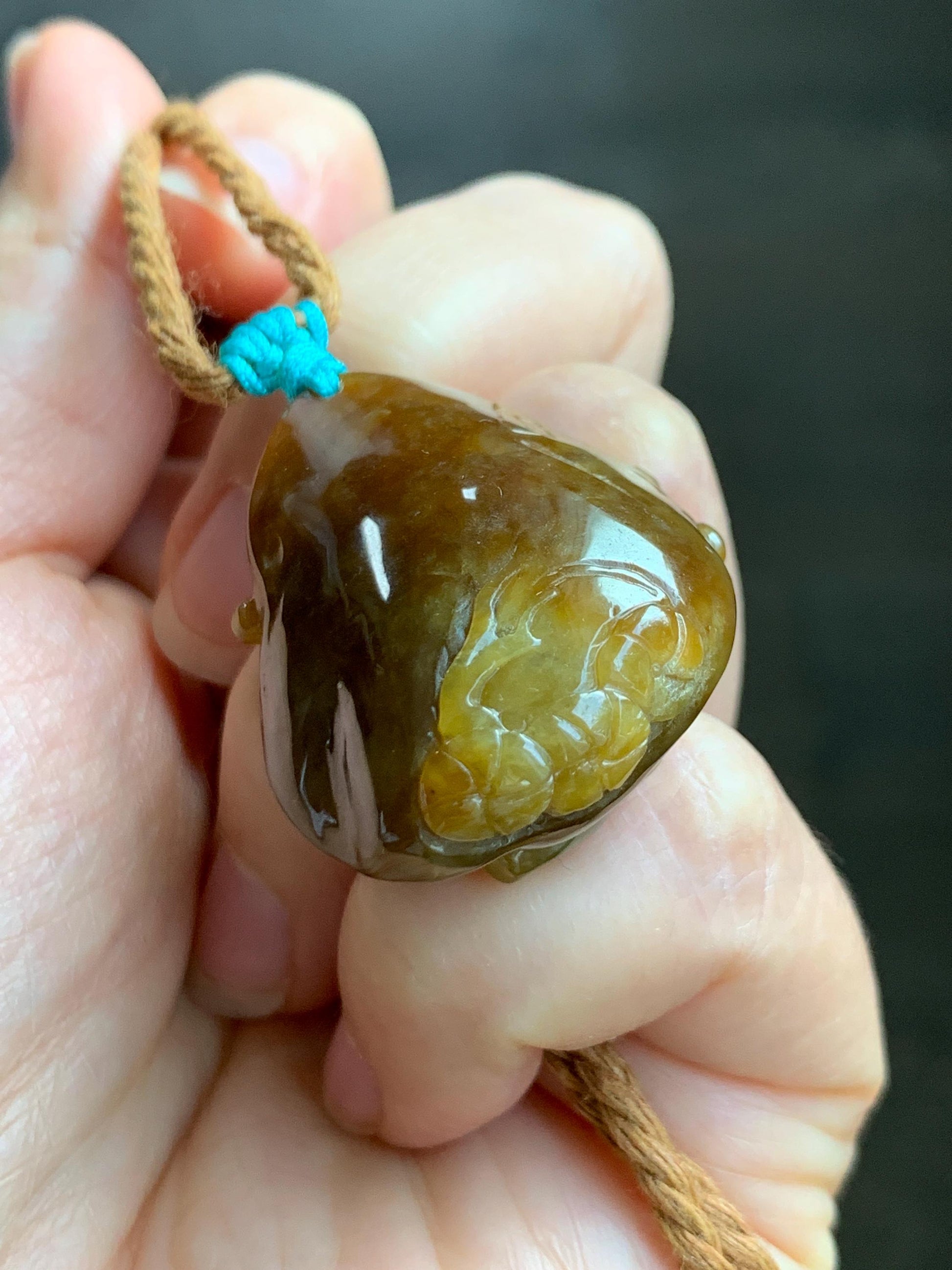 Certified Natural Grade A Icy Translucent Intense Dark Yellow Jade Jadeite Cherry Blossom Deer Pendant Rope Necklace 27” 天然冰红黄翡翠梅花鹿吊坠项链0745