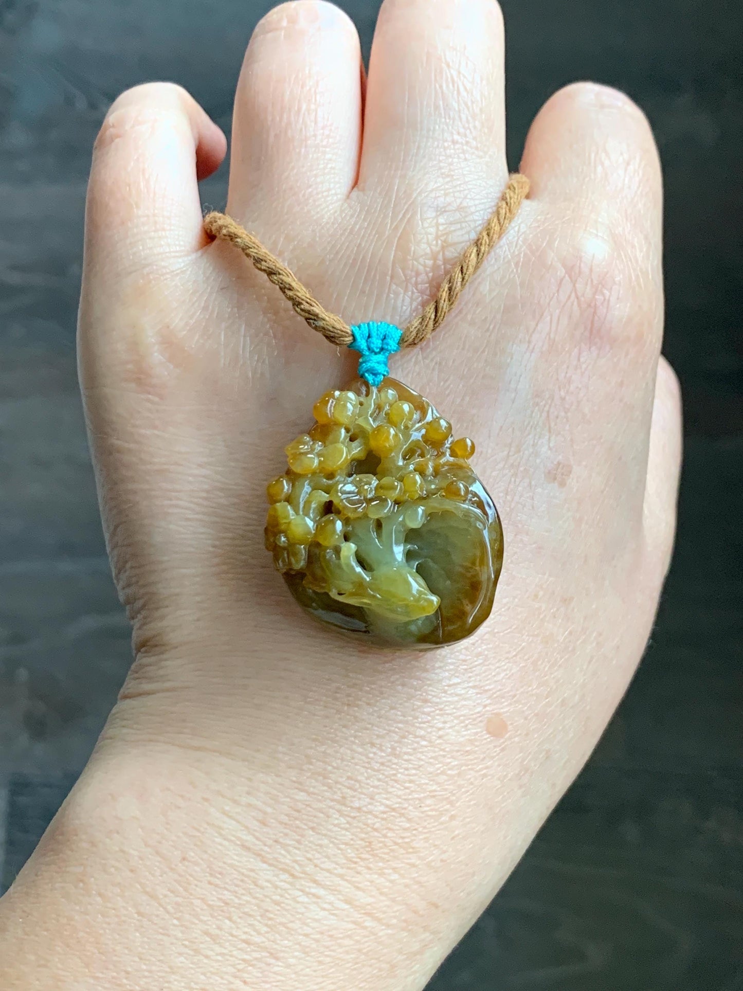 Certified Natural Grade A Icy Translucent Intense Dark Yellow Jade Jadeite Cherry Blossom Deer Pendant Rope Necklace 27” 天然冰红黄翡翠梅花鹿吊坠项链0745
