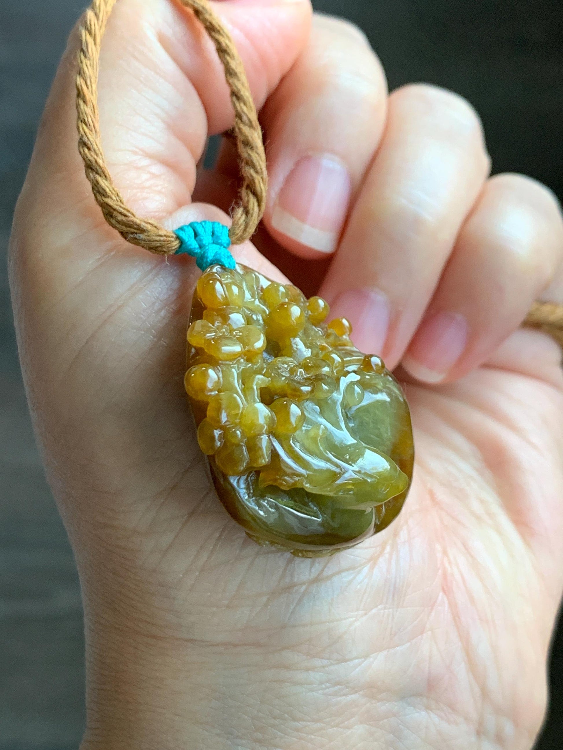Certified Natural Grade A Icy Translucent Intense Dark Yellow Jade Jadeite Cherry Blossom Deer Pendant Rope Necklace 27” 天然冰红黄翡翠梅花鹿吊坠项链0745