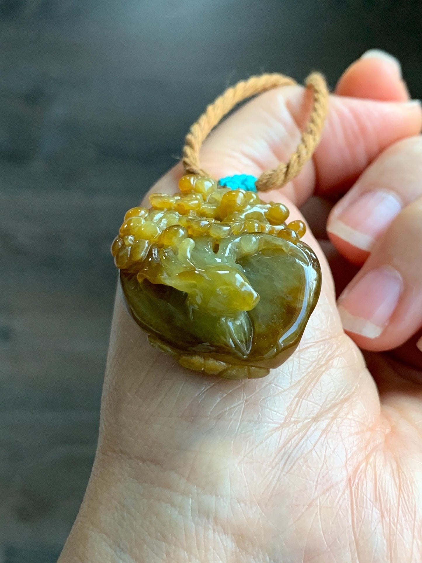 Certified Natural Grade A Icy Translucent Intense Dark Yellow Jade Jadeite Cherry Blossom Deer Pendant Rope Necklace 27” 天然冰红黄翡翠梅花鹿吊坠项链0745