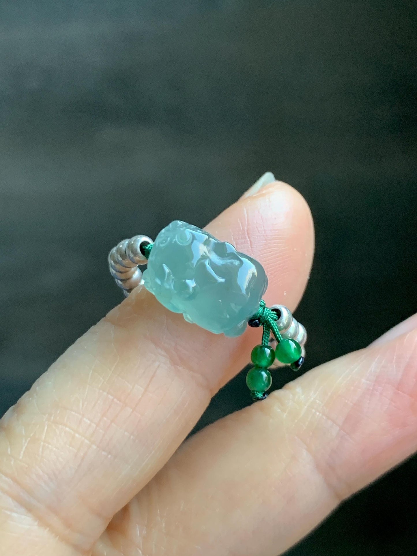 Natural Guatemalan Icy Highly Translucent Light Teal Jade Jadeite Petite Pixiu Sterling Silver Beaded Ring size 7.25 天然冰危浅蓝绿翡翠小貔貅银珠戒圈 QWX220