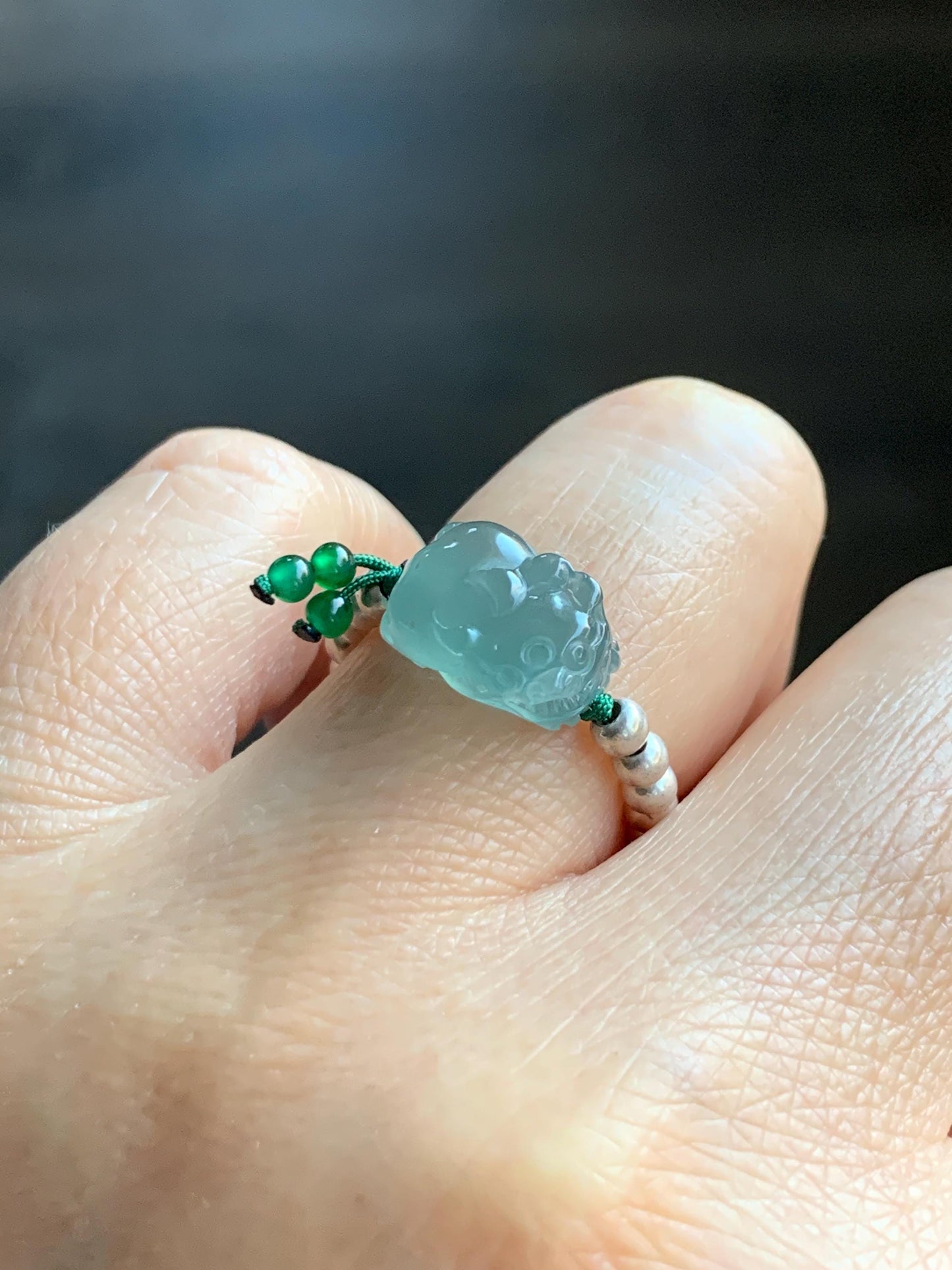 Natural Guatemalan Icy Highly Translucent Light Teal Jade Jadeite Petite Pixiu Sterling Silver Beaded Ring size 7.25 天然冰危浅蓝绿翡翠小貔貅银珠戒圈 QWX220