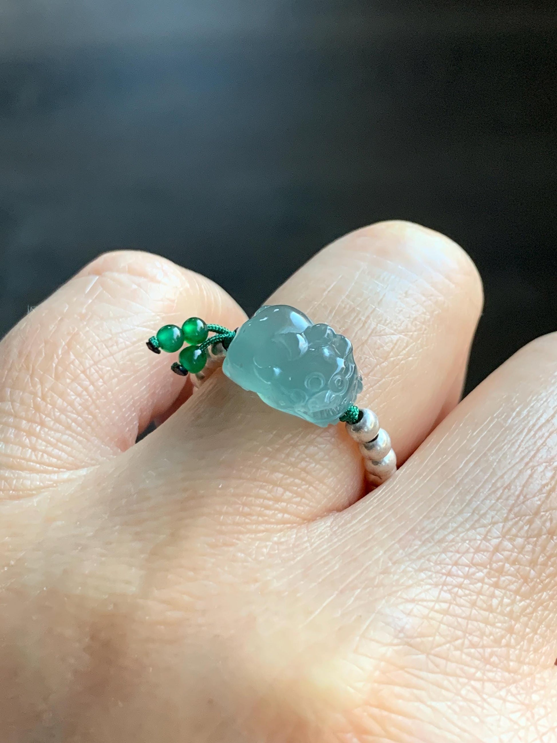 Natural Guatemalan Icy Highly Translucent Light Teal Jade Jadeite Petite Pixiu Sterling Silver Beaded Ring size 7.25 天然冰危浅蓝绿翡翠小貔貅银珠戒圈 QWX220