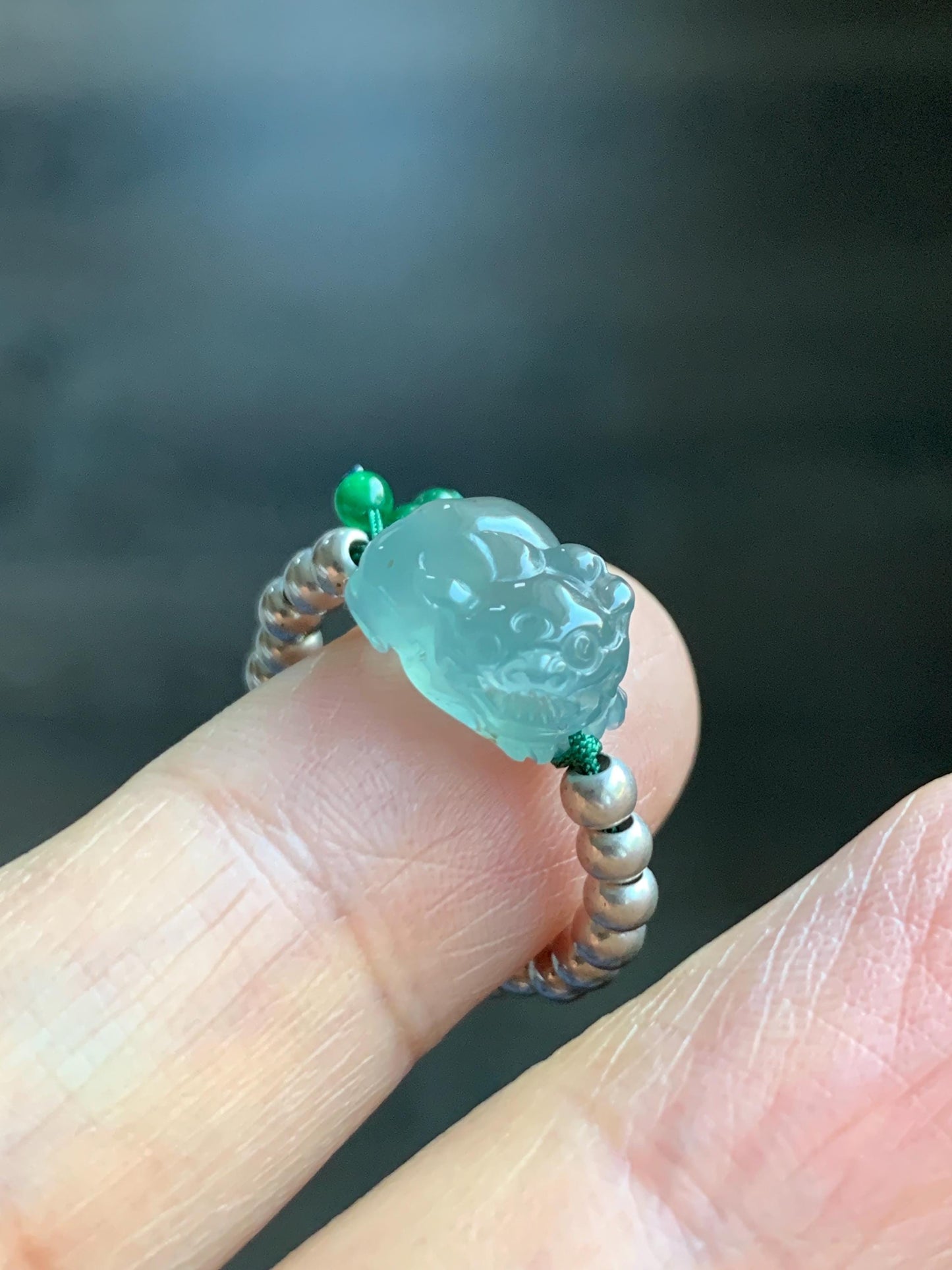 Natural Guatemalan Icy Highly Translucent Light Teal Jade Jadeite Petite Pixiu Sterling Silver Beaded Ring size 7.25 天然冰危浅蓝绿翡翠小貔貅银珠戒圈 QWX220
