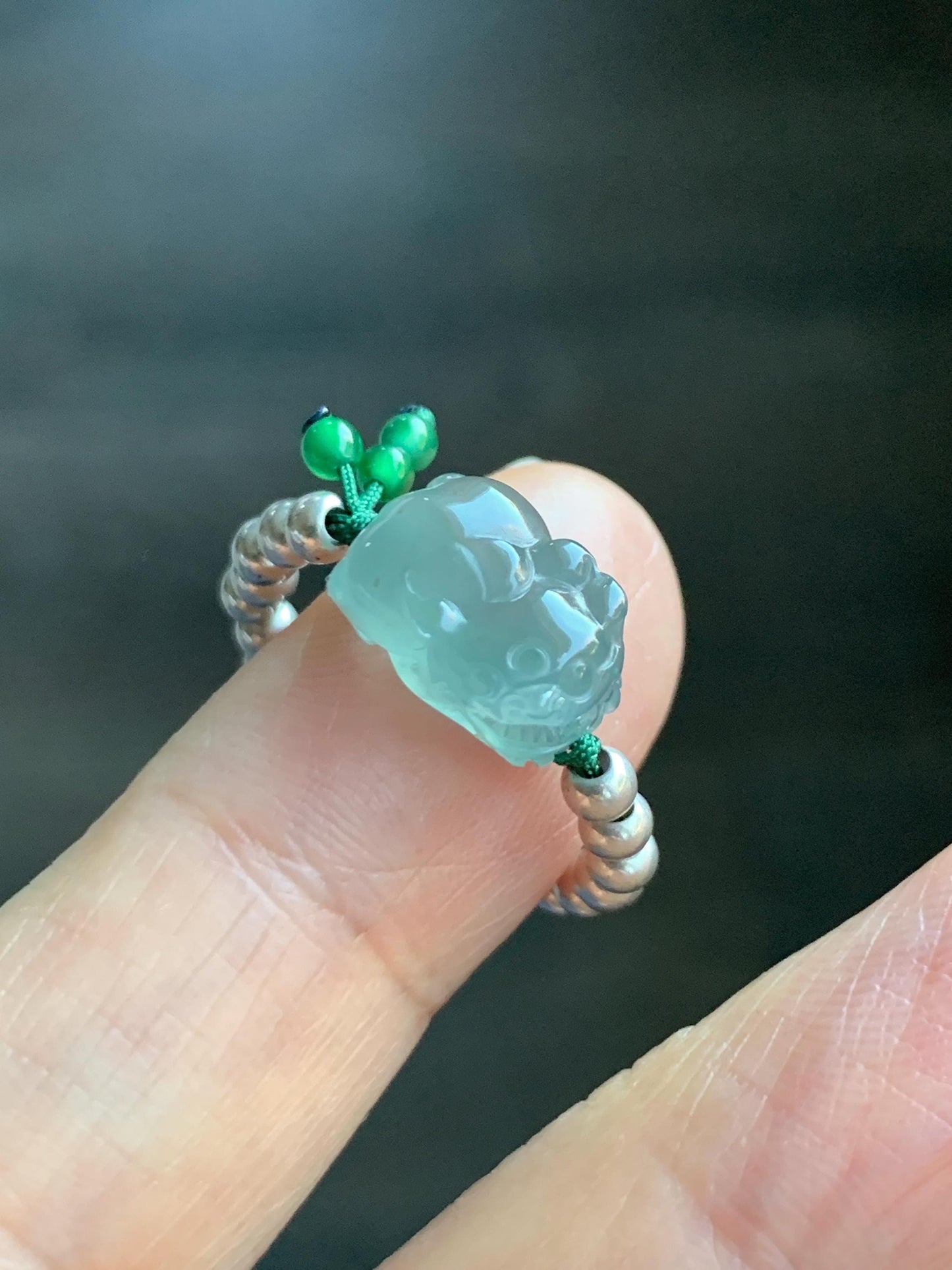 Natural Guatemalan Icy Highly Translucent Light Teal Jade Jadeite Petite Pixiu Sterling Silver Beaded Ring size 7.25 天然冰危浅蓝绿翡翠小貔貅银珠戒圈 QWX220