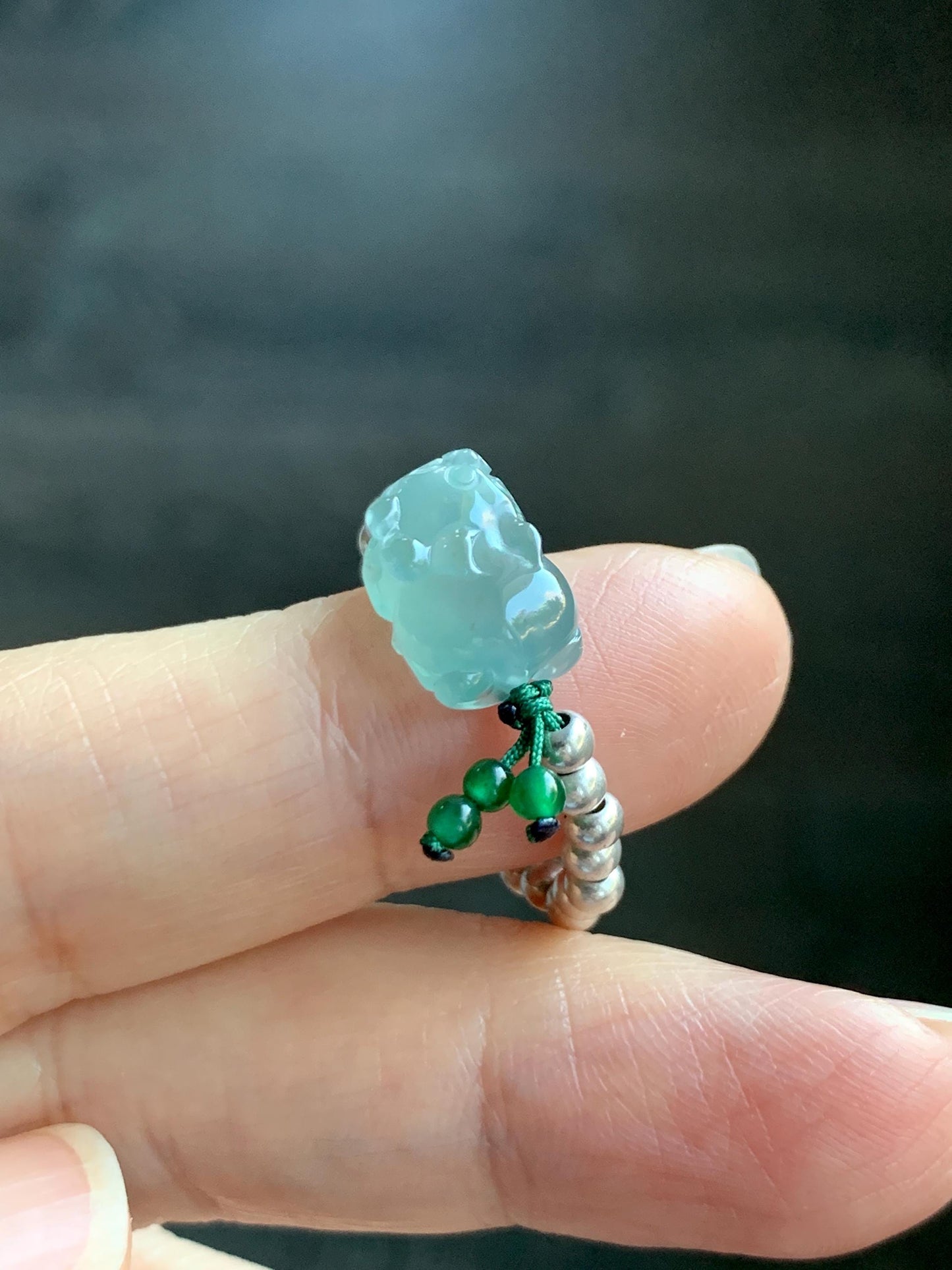 Natural Guatemalan Icy Highly Translucent Light Teal Jade Jadeite Petite Pixiu Sterling Silver Beaded Ring size 7.25 天然冰危浅蓝绿翡翠小貔貅银珠戒圈 QWX220