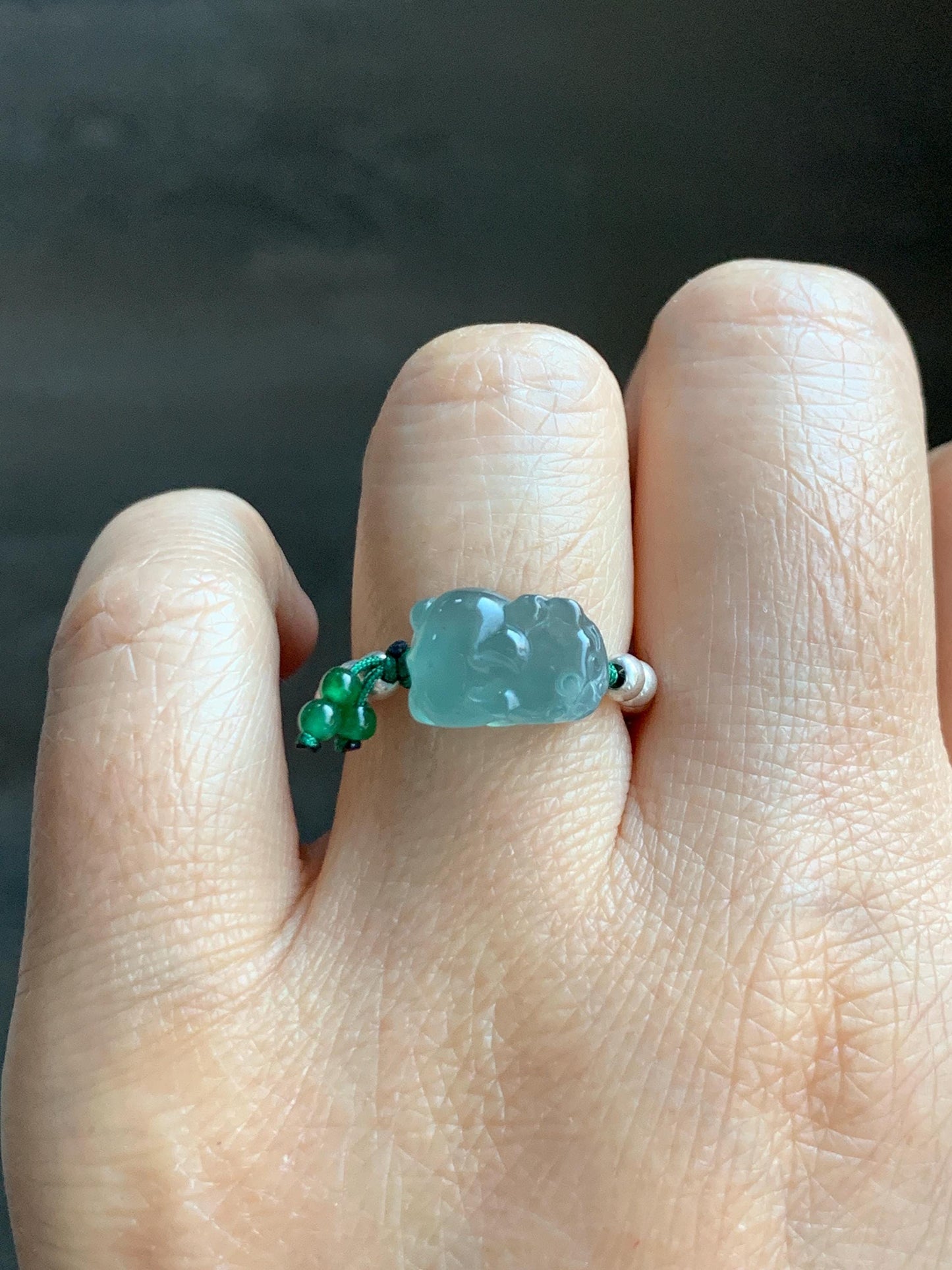 Natural Guatemalan Icy Highly Translucent Light Teal Jade Jadeite Petite Pixiu Sterling Silver Beaded Ring size 7.25 天然冰危浅蓝绿翡翠小貔貅银珠戒圈 QWX220