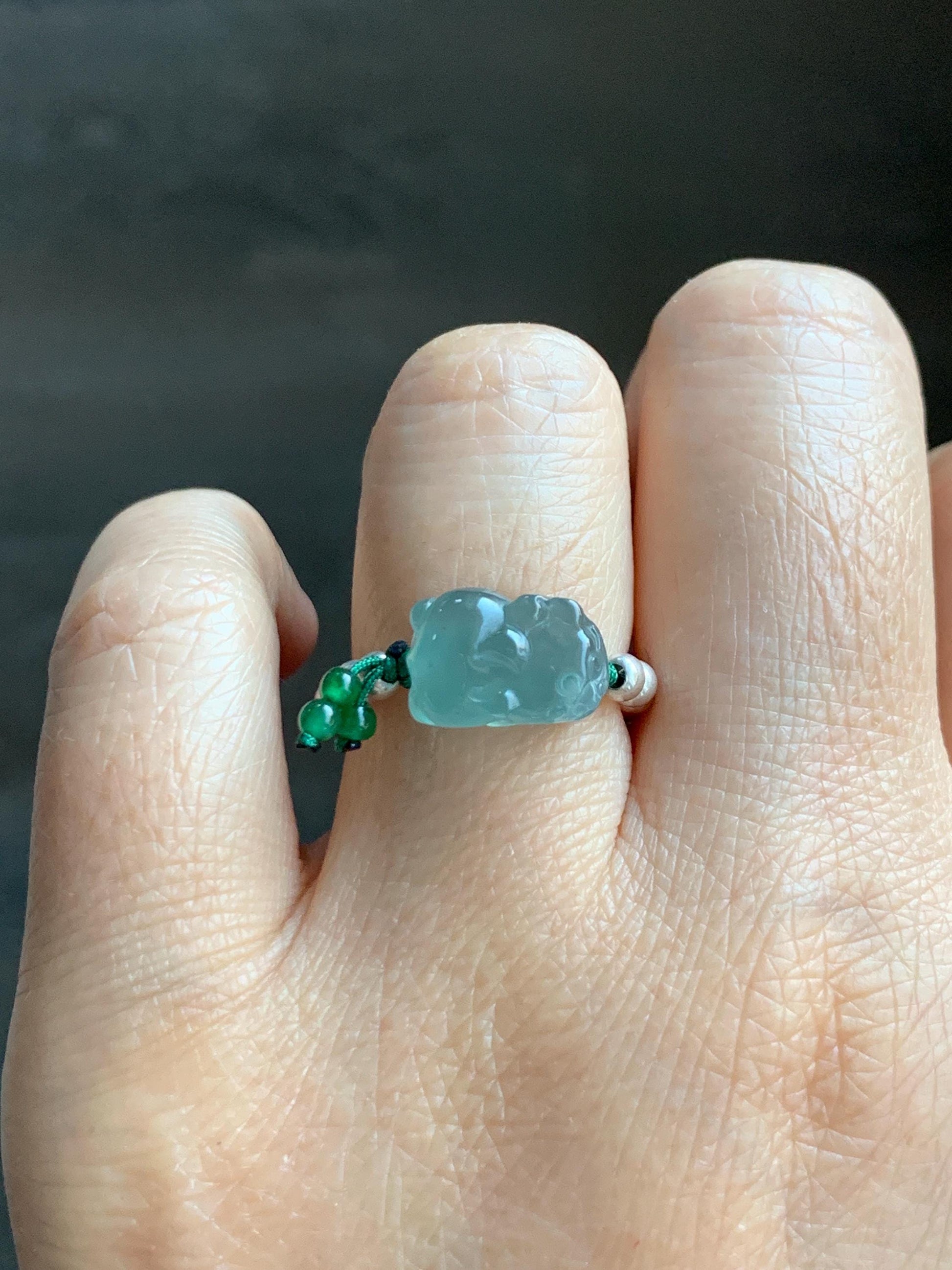Natural Guatemalan Icy Highly Translucent Light Teal Jade Jadeite Petite Pixiu Sterling Silver Beaded Ring size 7.25 天然冰危浅蓝绿翡翠小貔貅银珠戒圈 QWX220