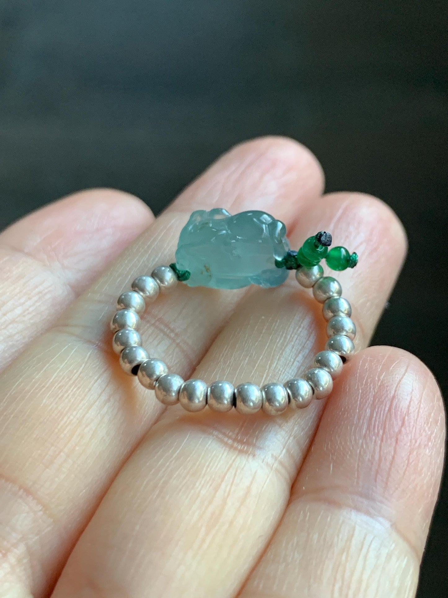 Natural Guatemalan Icy Highly Translucent Light Teal Jade Jadeite Petite Pixiu Sterling Silver Beaded Ring size 7.25 天然冰危浅蓝绿翡翠小貔貅银珠戒圈 QWX220