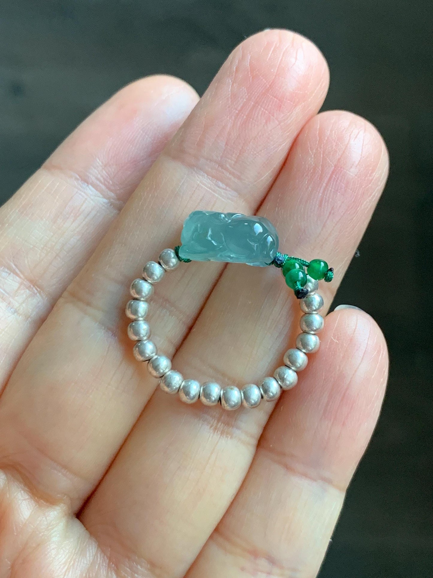 Natural Guatemalan Icy Highly Translucent Light Teal Jade Jadeite Petite Pixiu Sterling Silver Beaded Ring size 7.25 天然冰危浅蓝绿翡翠小貔貅银珠戒圈 QWX220