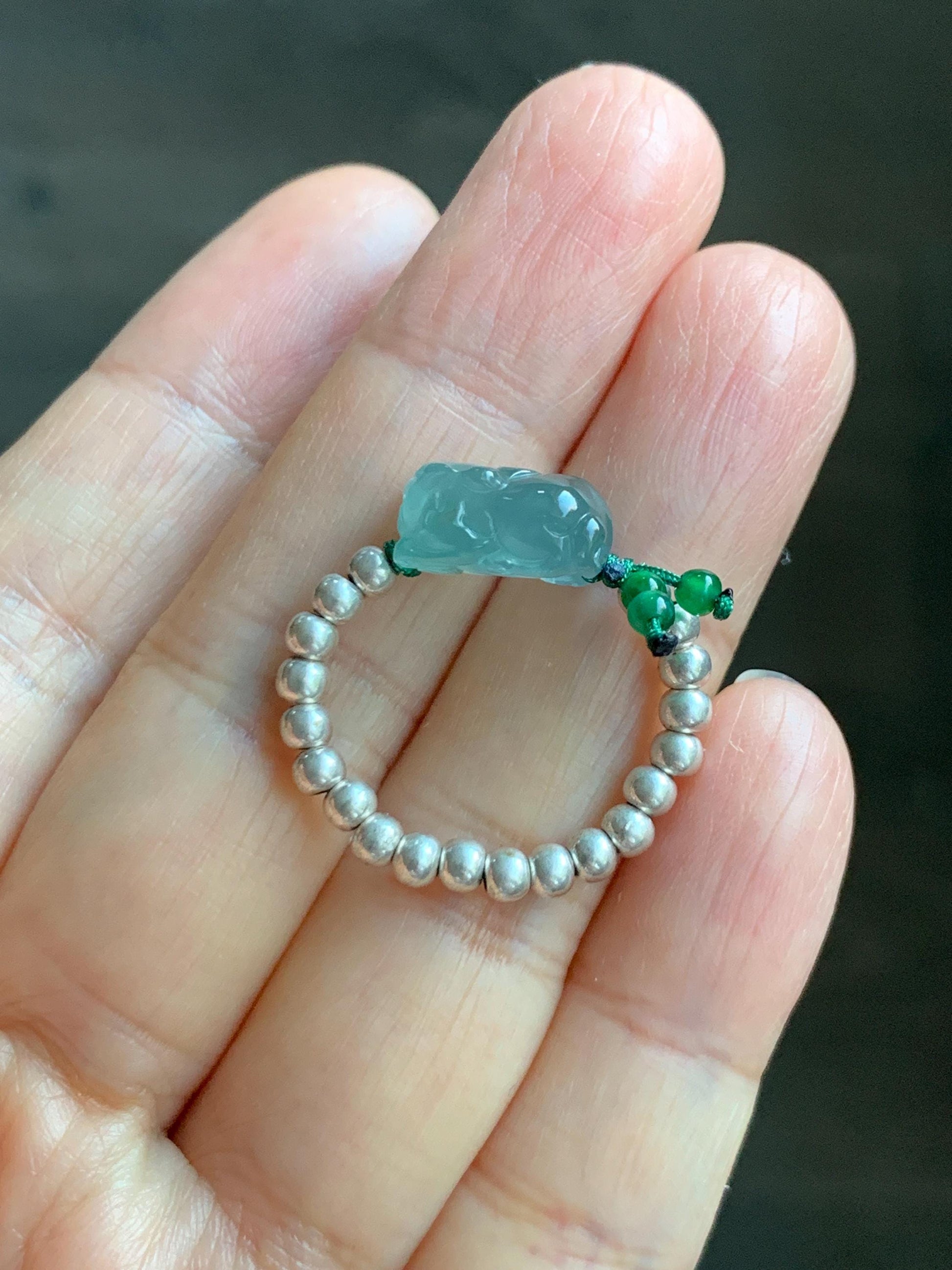 Natural Guatemalan Icy Highly Translucent Light Teal Jade Jadeite Petite Pixiu Sterling Silver Beaded Ring size 7.25 天然冰危浅蓝绿翡翠小貔貅银珠戒圈 QWX220