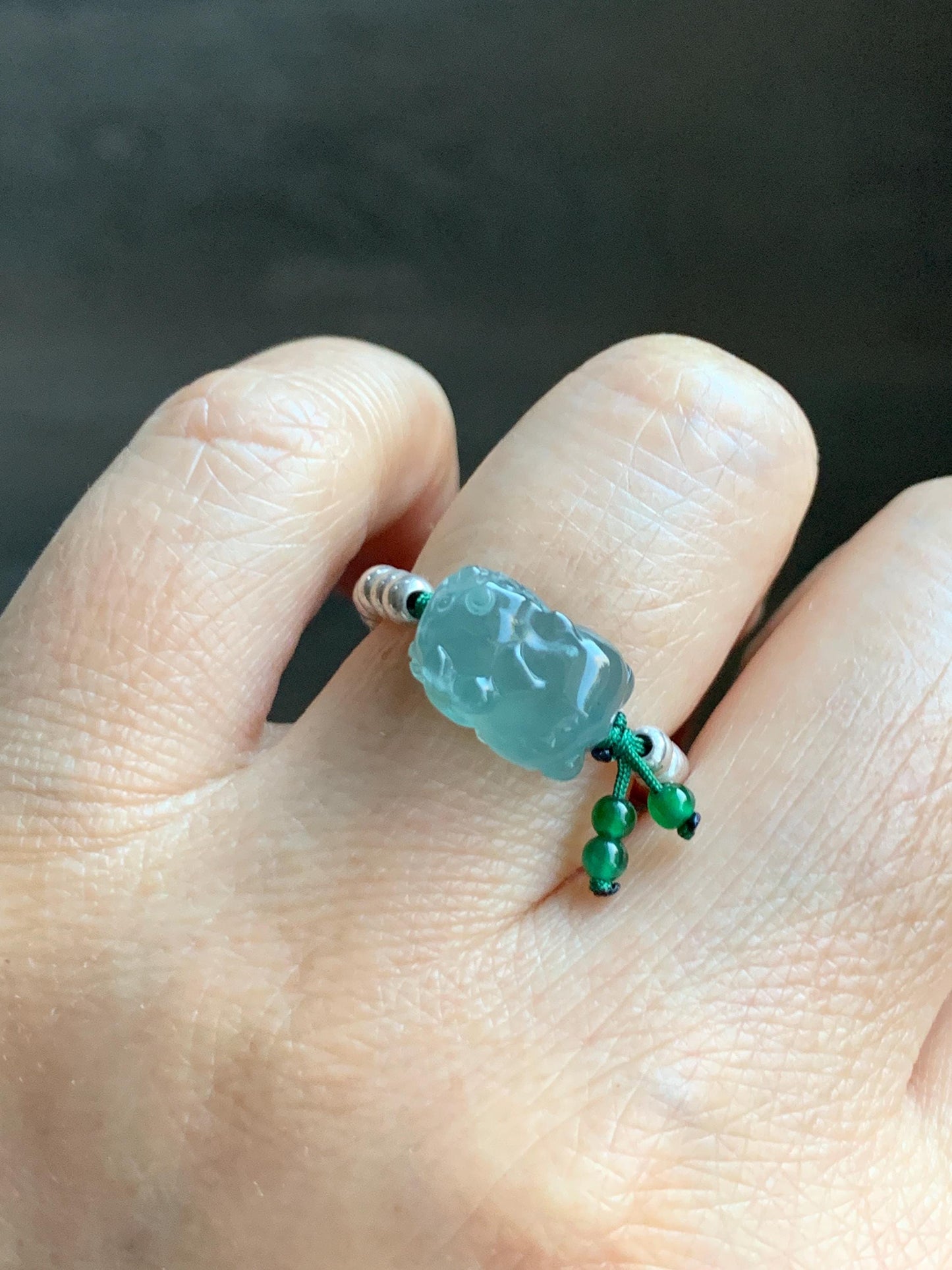 Natural Guatemalan Icy Highly Translucent Light Teal Jade Jadeite Petite Pixiu Sterling Silver Beaded Ring size 7.25 天然冰危浅蓝绿翡翠小貔貅银珠戒圈 QWX220
