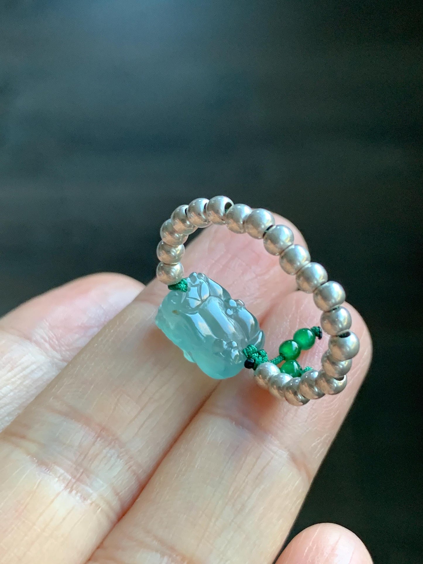 Natural Guatemalan Icy Highly Translucent Light Teal Jade Jadeite Petite Pixiu Sterling Silver Beaded Ring size 7.25 天然冰危浅蓝绿翡翠小貔貅银珠戒圈 QWX220