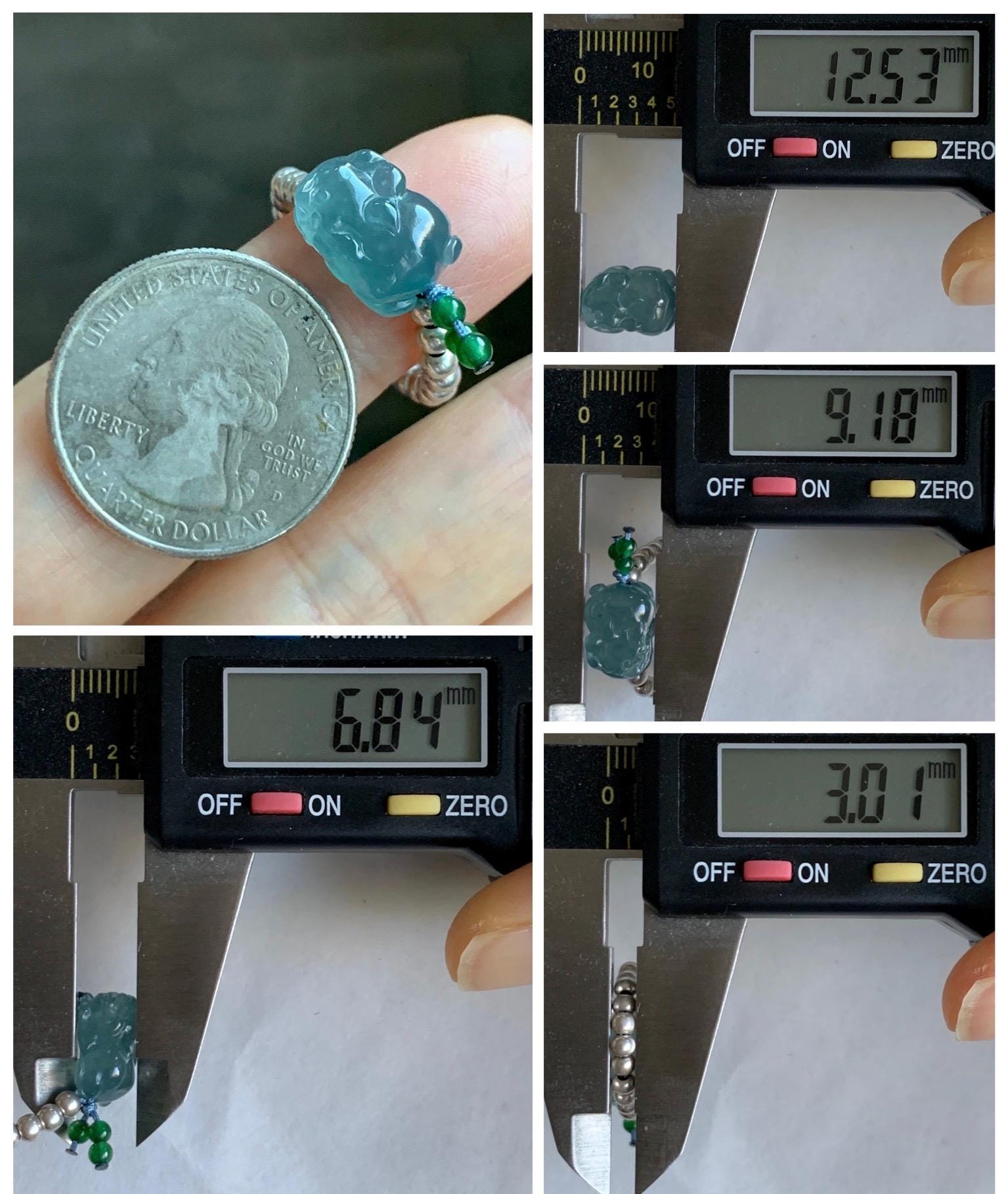 Natural Guatemalan Icy Highly Translucent Aegean Blue Jade Jadeite Petite Pixiu Sterling Silver Beaded Ring size 7.5 天然冰危牛仔蓝翡翠小貔貅银珠戒圈 SWX220
