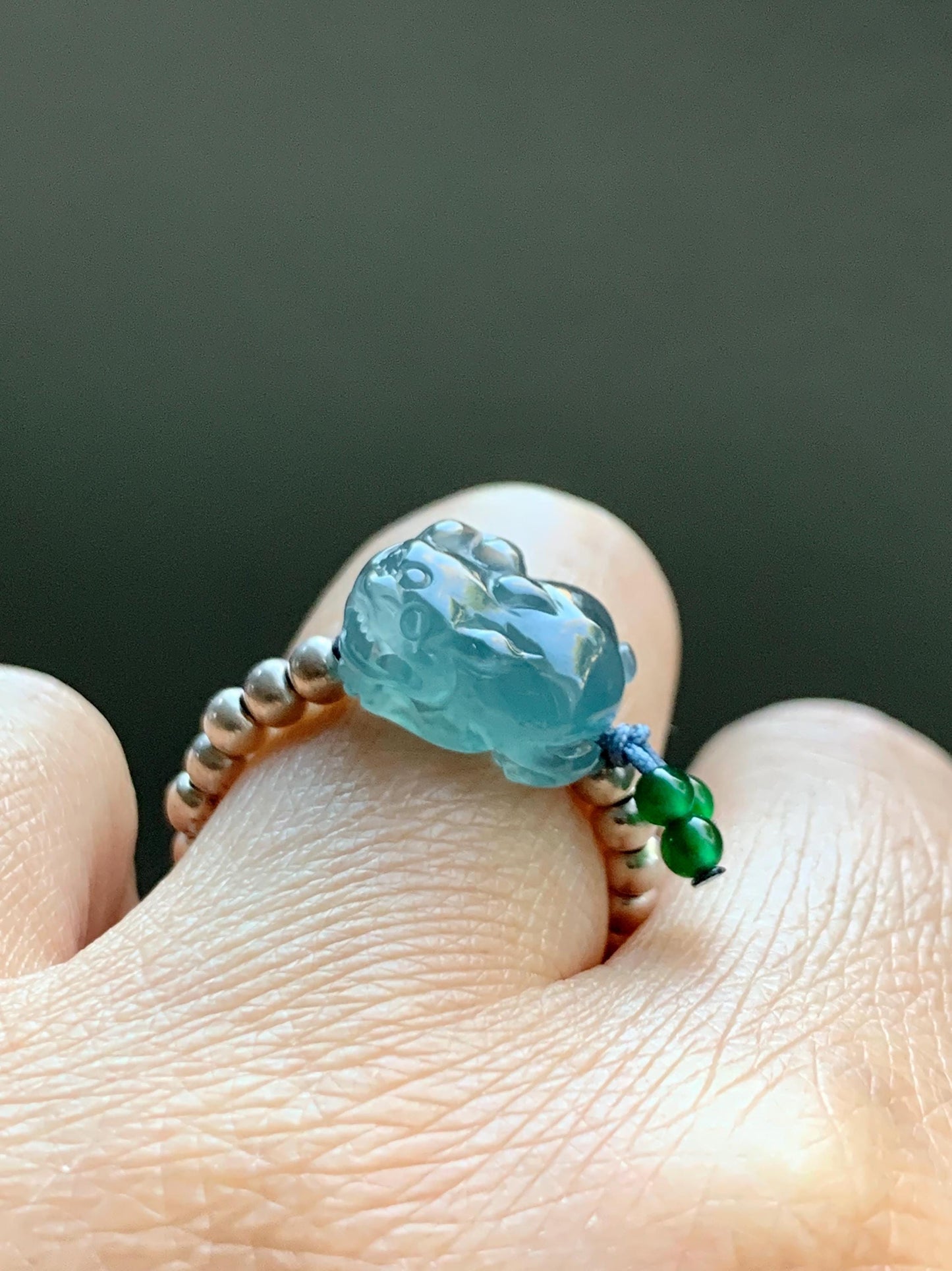 Natural Guatemalan Icy Highly Translucent Aegean Blue Jade Jadeite Petite Pixiu Sterling Silver Beaded Ring size 7.5 天然冰危牛仔蓝翡翠小貔貅银珠戒圈 SWX220