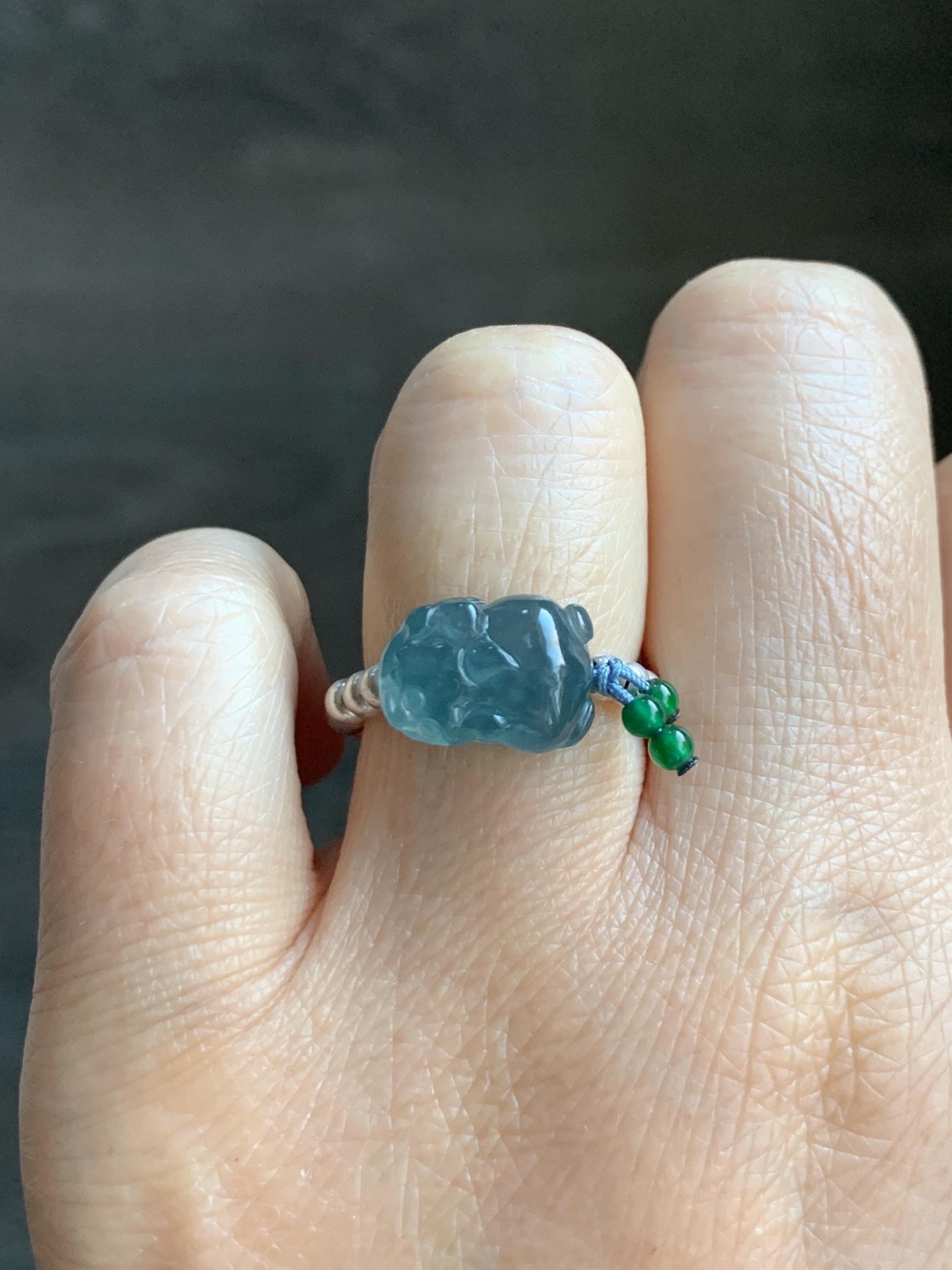 Natural Guatemalan Icy Highly Translucent Aegean Blue Jade Jadeite Petite Pixiu Sterling Silver Beaded Ring size 7.5 天然冰危牛仔蓝翡翠小貔貅银珠戒圈 SWX220