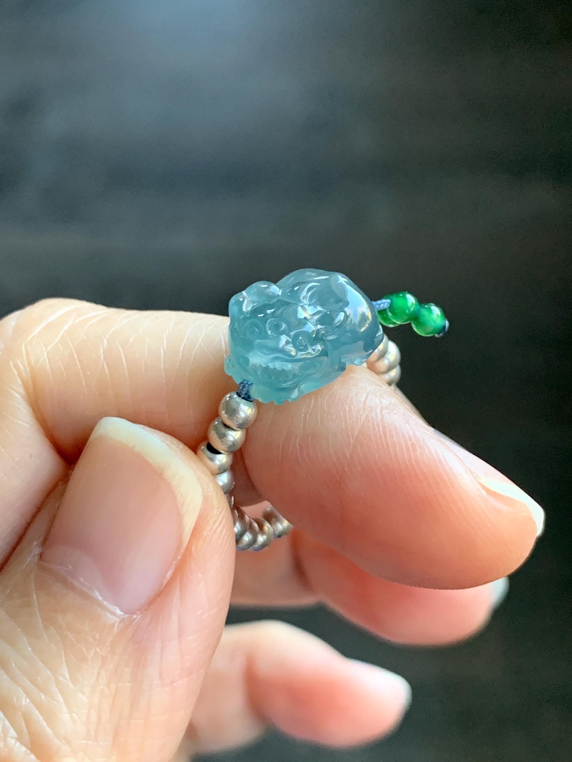 Natural Guatemalan Icy Highly Translucent Aegean Blue Jade Jadeite Petite Pixiu Sterling Silver Beaded Ring size 7.5 天然冰危牛仔蓝翡翠小貔貅银珠戒圈 SWX220