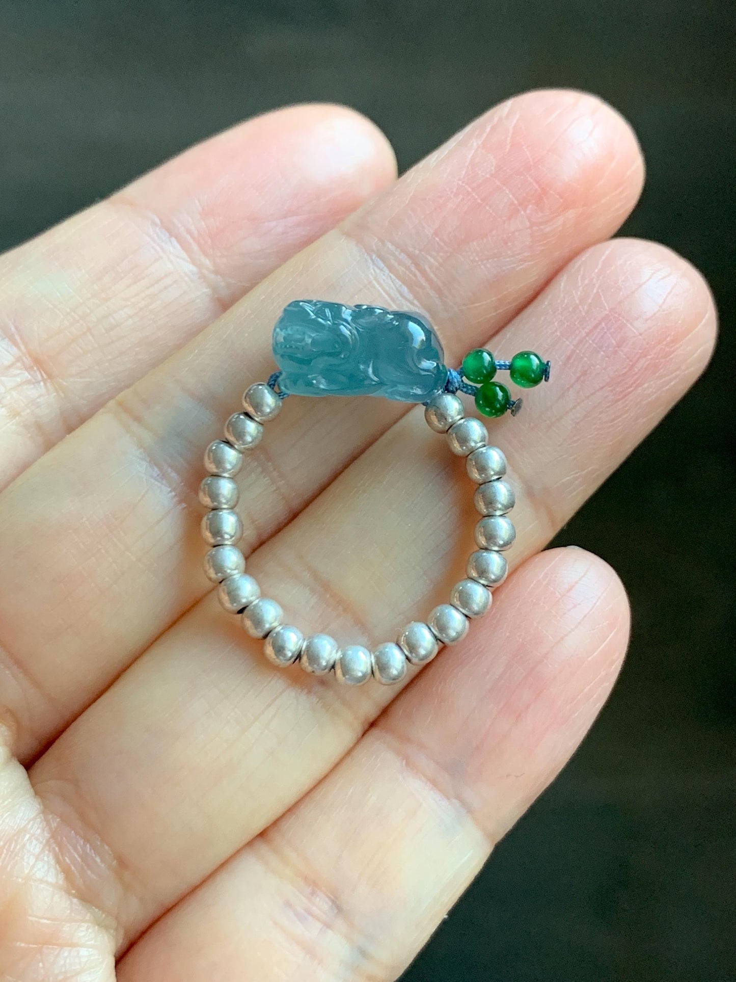 Natural Guatemalan Icy Highly Translucent Aegean Blue Jade Jadeite Petite Pixiu Sterling Silver Beaded Ring size 7.5 天然冰危牛仔蓝翡翠小貔貅银珠戒圈 SWX220