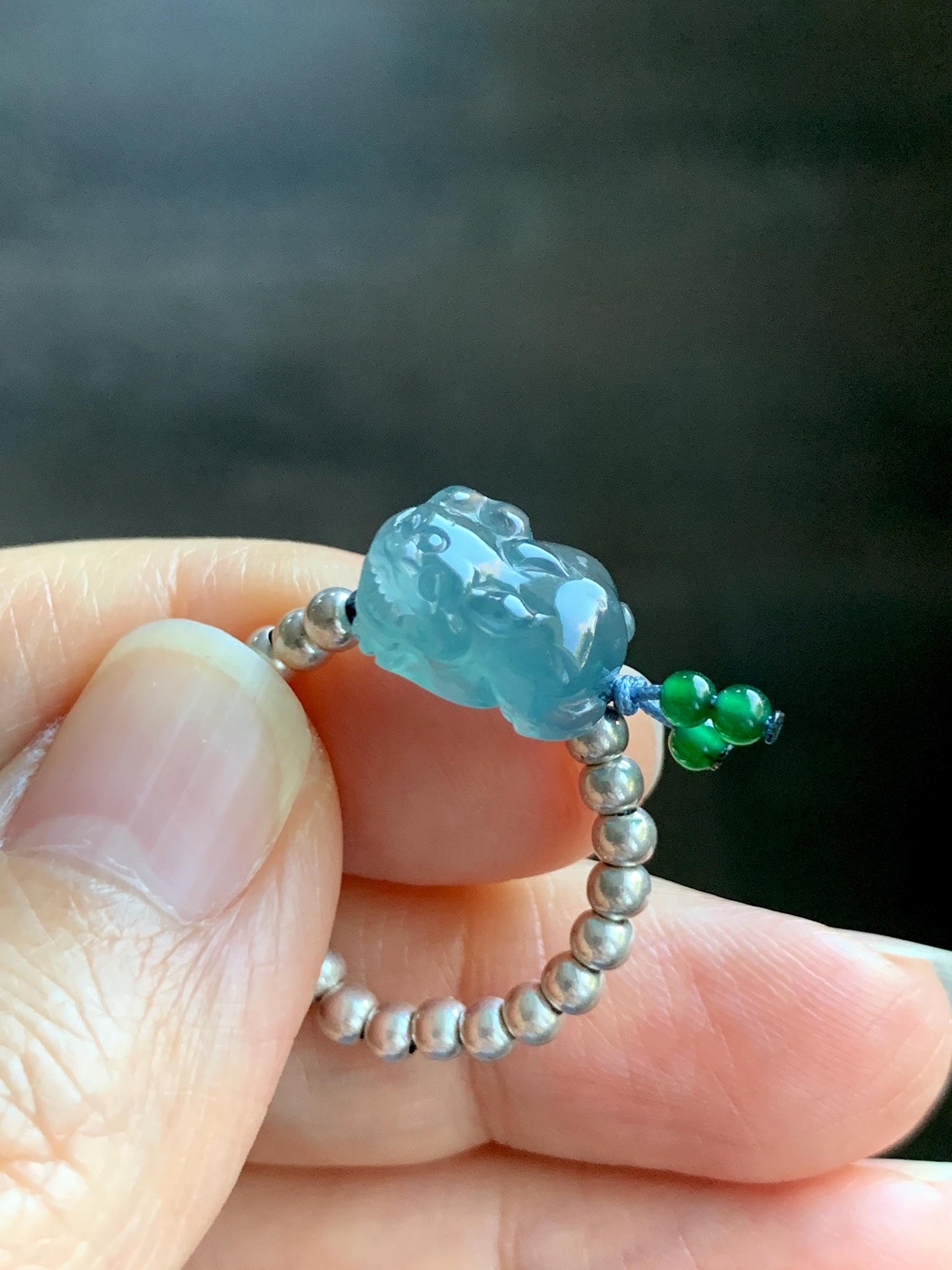 Natural Guatemalan Icy Highly Translucent Aegean Blue Jade Jadeite Petite Pixiu Sterling Silver Beaded Ring size 7.5 天然冰危牛仔蓝翡翠小貔貅银珠戒圈 SWX220