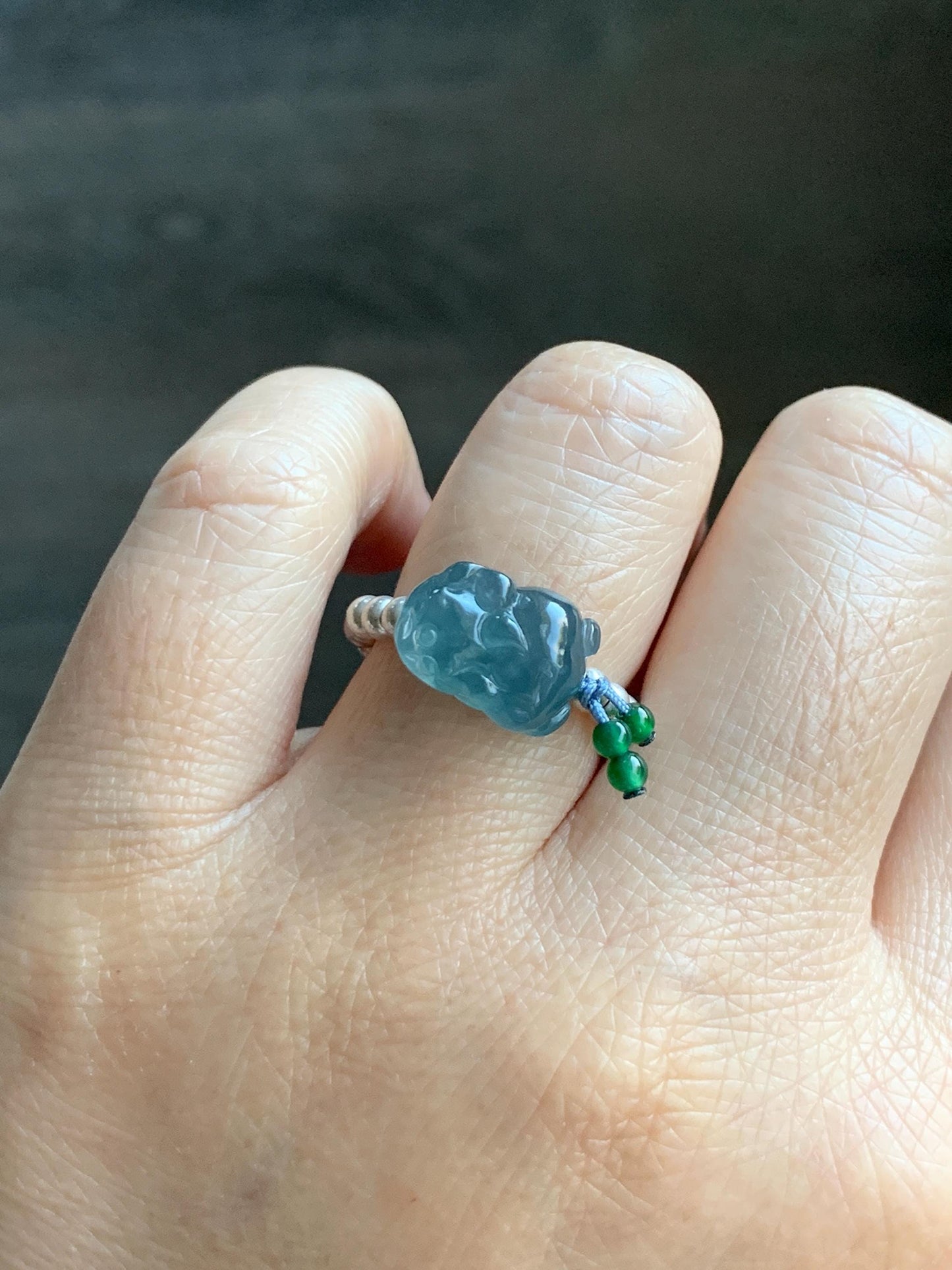 Natural Guatemalan Icy Highly Translucent Aegean Blue Jade Jadeite Petite Pixiu Sterling Silver Beaded Ring size 7.5 天然冰危牛仔蓝翡翠小貔貅银珠戒圈 SWX220