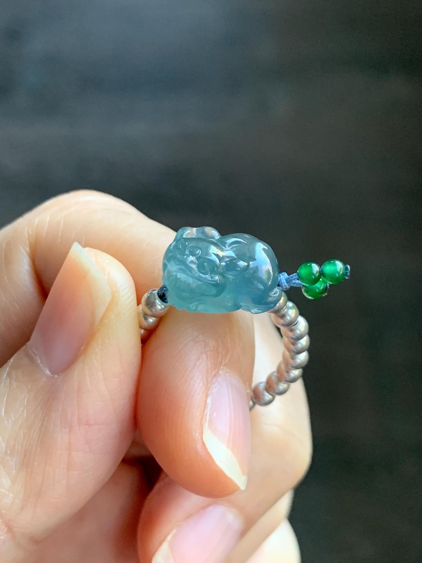 Natural Guatemalan Icy Highly Translucent Aegean Blue Jade Jadeite Petite Pixiu Sterling Silver Beaded Ring size 7.5 天然冰危牛仔蓝翡翠小貔貅银珠戒圈 SWX220
