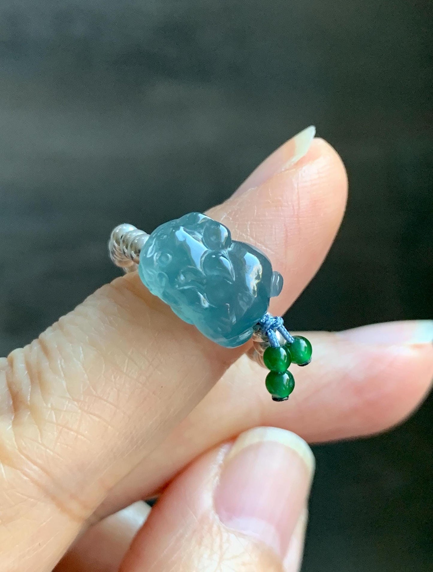 Natural Guatemalan Icy Highly Translucent Aegean Blue Jade Jadeite Petite Pixiu Sterling Silver Beaded Ring size 7.5 天然冰危牛仔蓝翡翠小貔貅银珠戒圈 SWX220