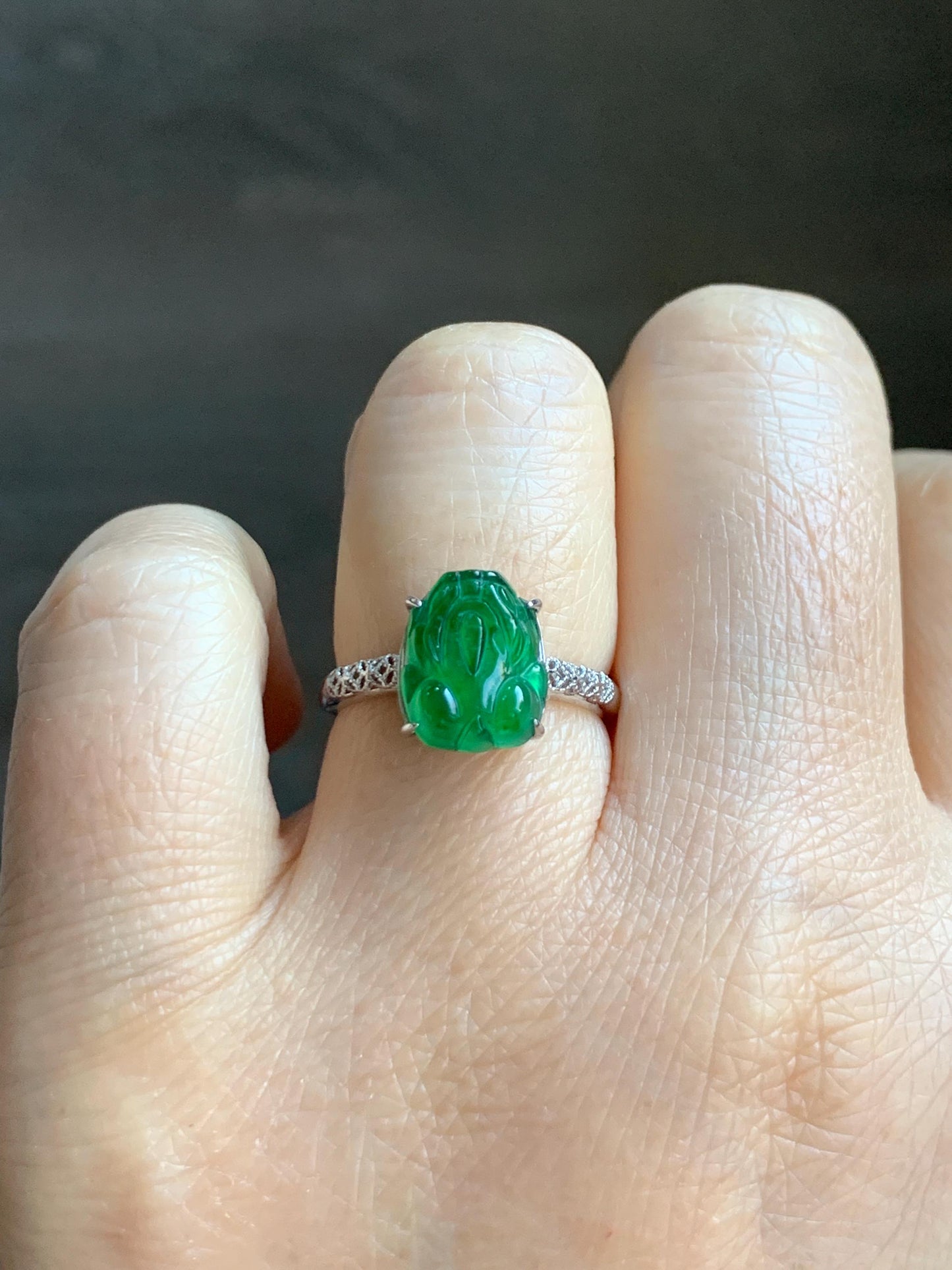 Natural Grade A Guatemalan Icy Translucent Vibrant Green Jade Jadeite Pixiu Ring Sterling Silver Size 7 Adjustable 天然冰危绿翡翠貔貅银镶戒指 WLX160E