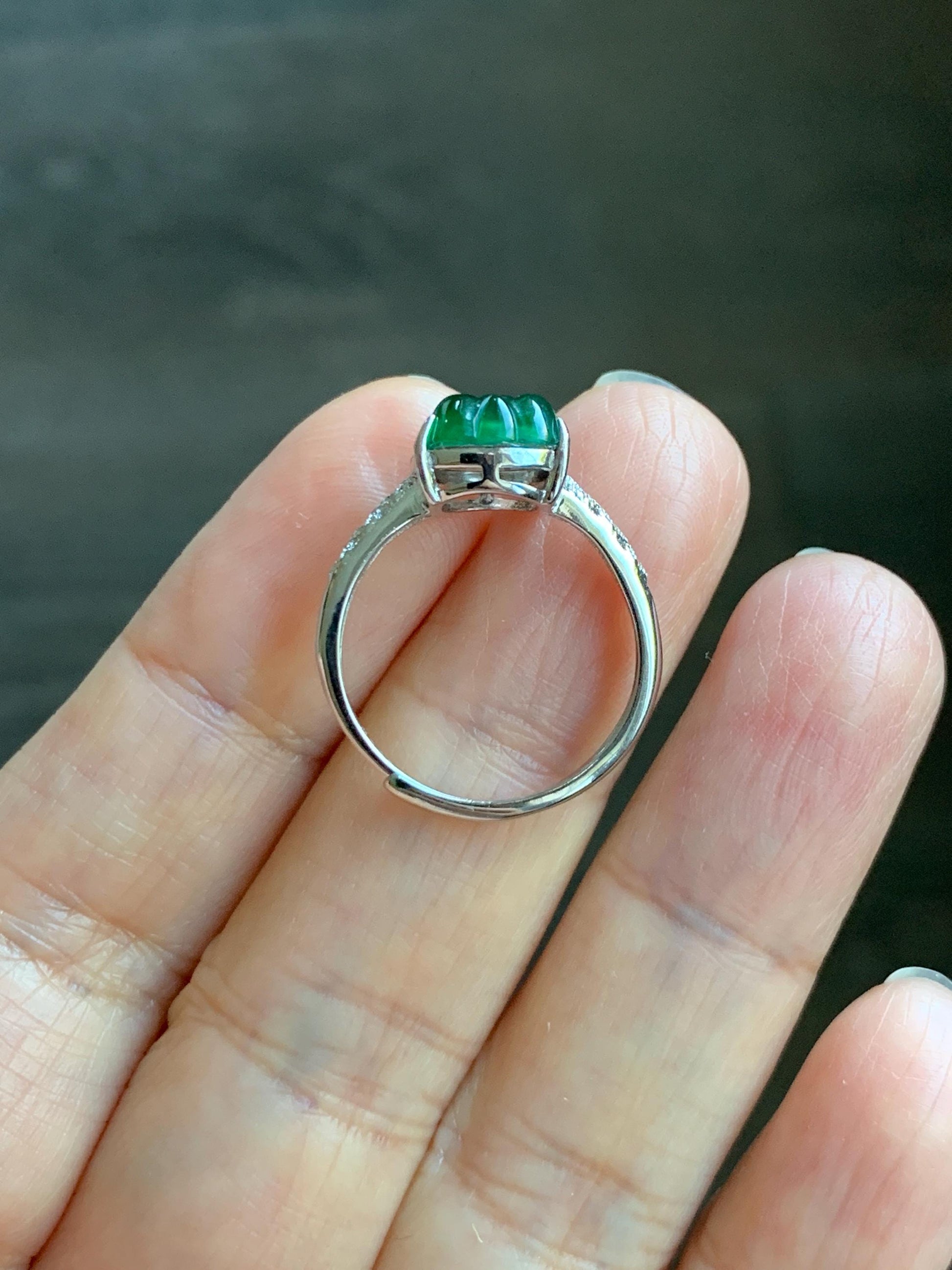Natural Grade A Guatemalan Icy Translucent Vibrant Green Jade Jadeite Pixiu Ring Sterling Silver Size 7 Adjustable 天然冰危绿翡翠貔貅银镶戒指 WLX160E
