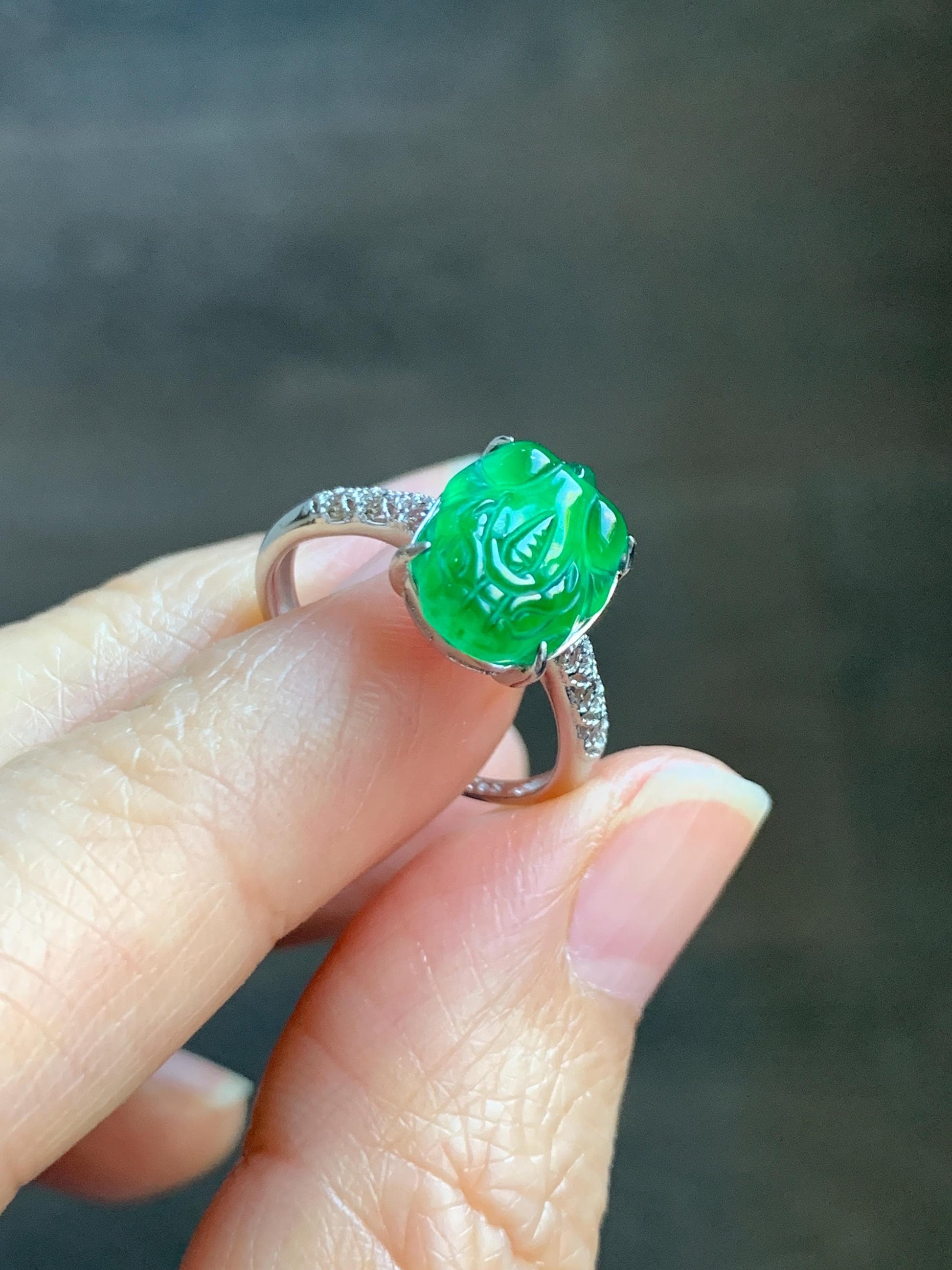 Natural Grade A Guatemalan Icy Translucent Vibrant Green Jade Jadeite Pixiu Ring Sterling Silver Size 7 Adjustable 天然冰危绿翡翠貔貅银镶戒指 WLX160E