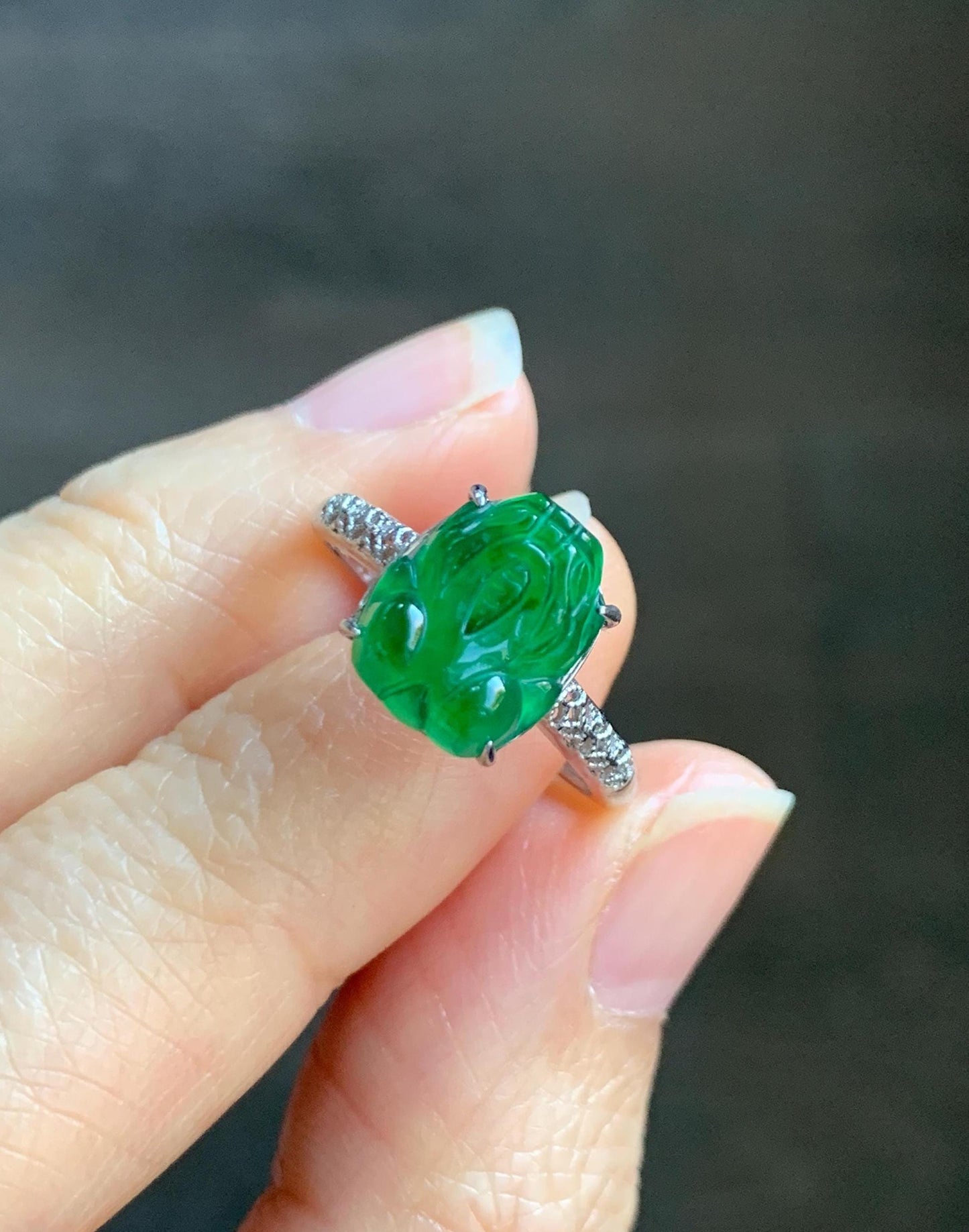 Natural Grade A Guatemalan Icy Translucent Vibrant Green Jade Jadeite Pixiu Ring Sterling Silver Size 7 Adjustable 天然冰危绿翡翠貔貅银镶戒指 WLX160E