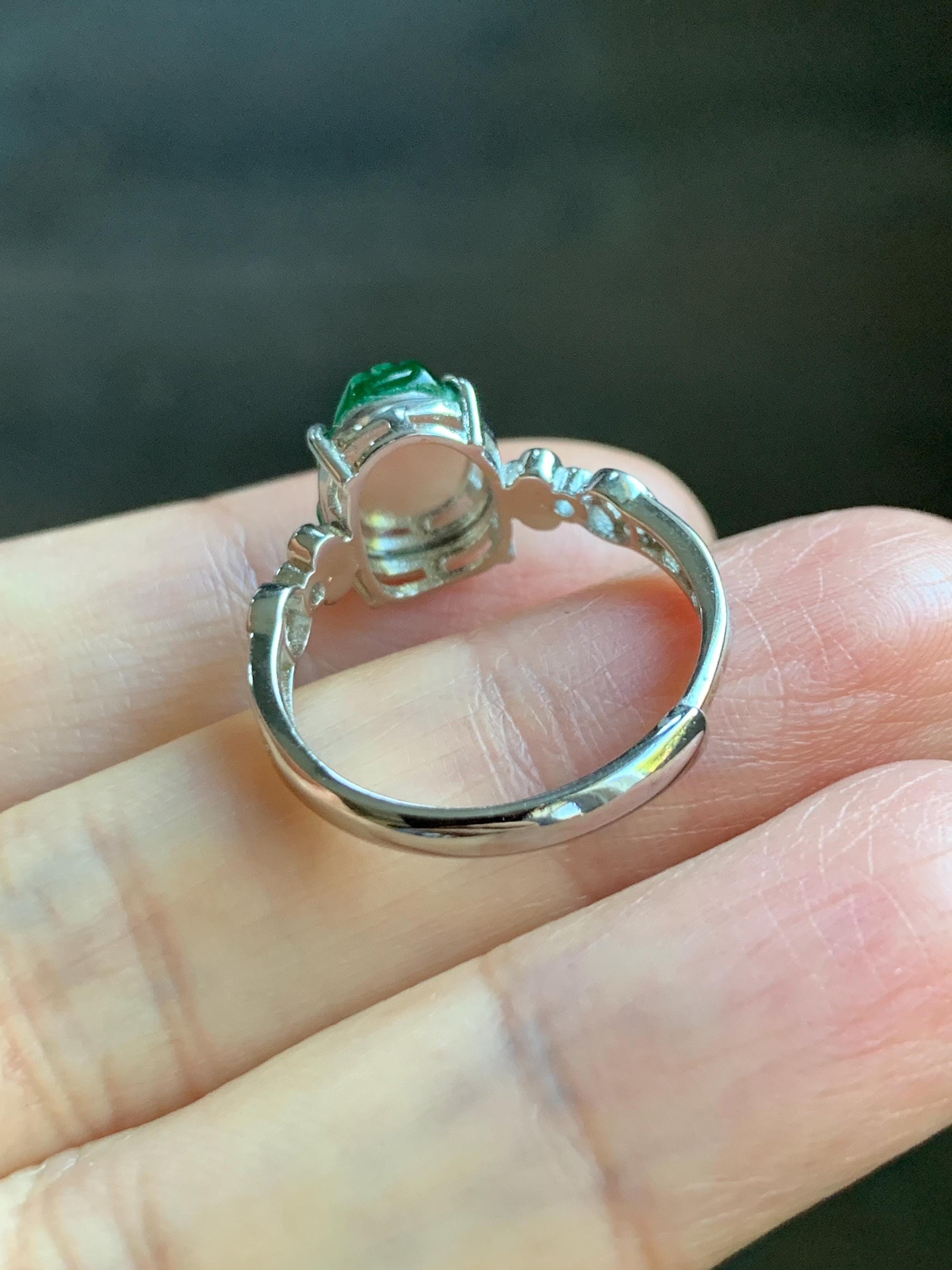 Natural Grade A Guatemalan Icy Translucent Vibrant Green Jade Jadeite Pixiu Ring Sterling Silver Size 7 Adjustable 天然冰危绿翡翠貔貅银镶戒指 WLX160F