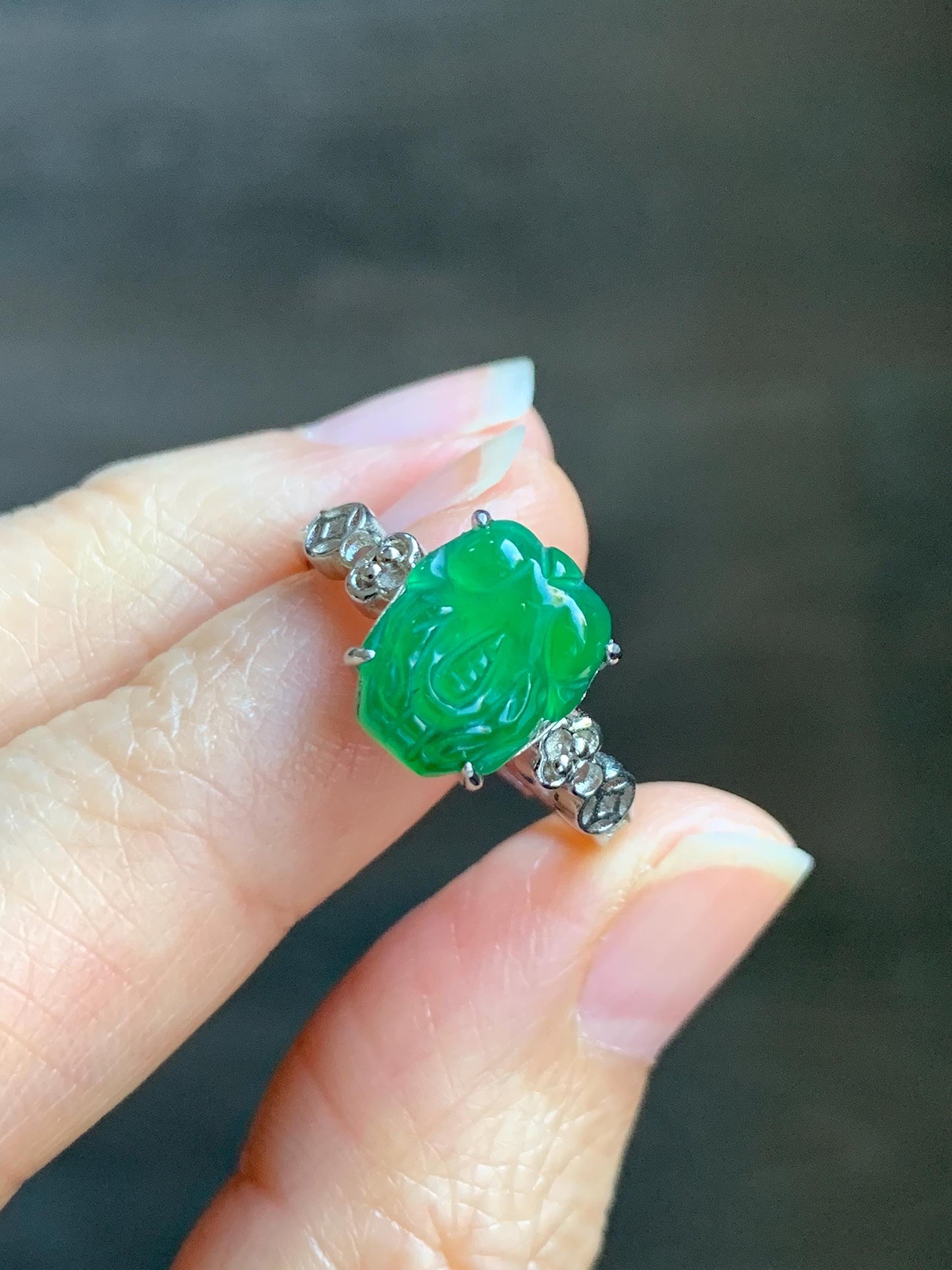 Natural Grade A Guatemalan Icy Translucent Vibrant Green Jade Jadeite Pixiu Ring Sterling Silver Size 7 Adjustable 天然冰危绿翡翠貔貅银镶戒指 WLX160F