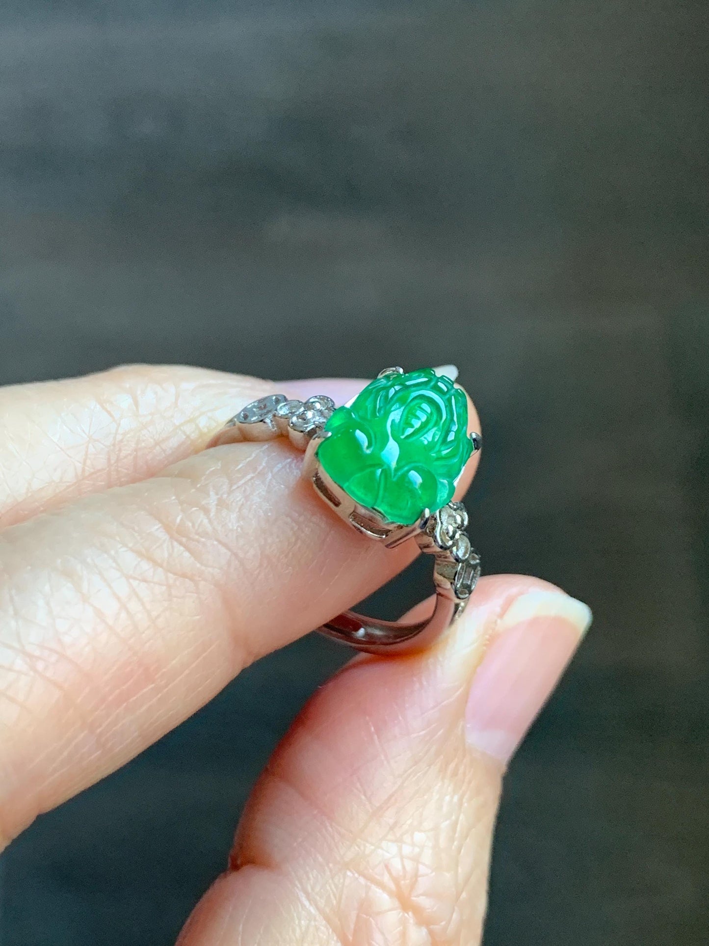 Natural Grade A Guatemalan Icy Translucent Vibrant Green Jade Jadeite Pixiu Ring Sterling Silver Size 7 Adjustable 天然冰危绿翡翠貔貅银镶戒指 WLX160F
