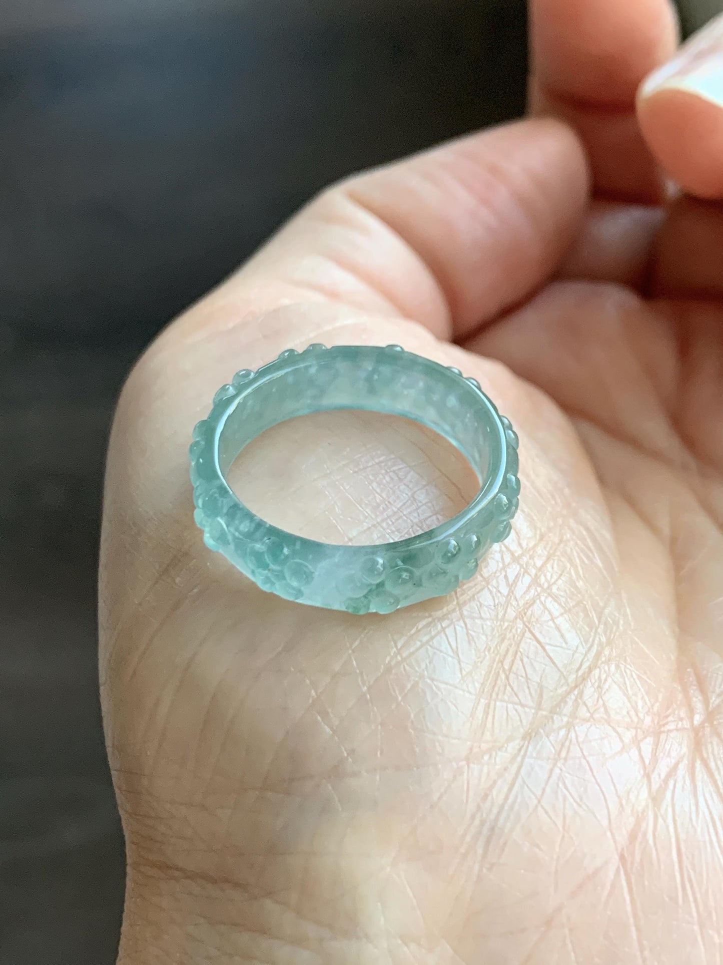 Natural Grade A Guatemalan Icy Translucent Light Teal Blue Jade Jadeite Carved Cherry Blossom Band Ring Size 8.75 US 天然冰胶危蓝翡翠梅花戒圈 WQB66F