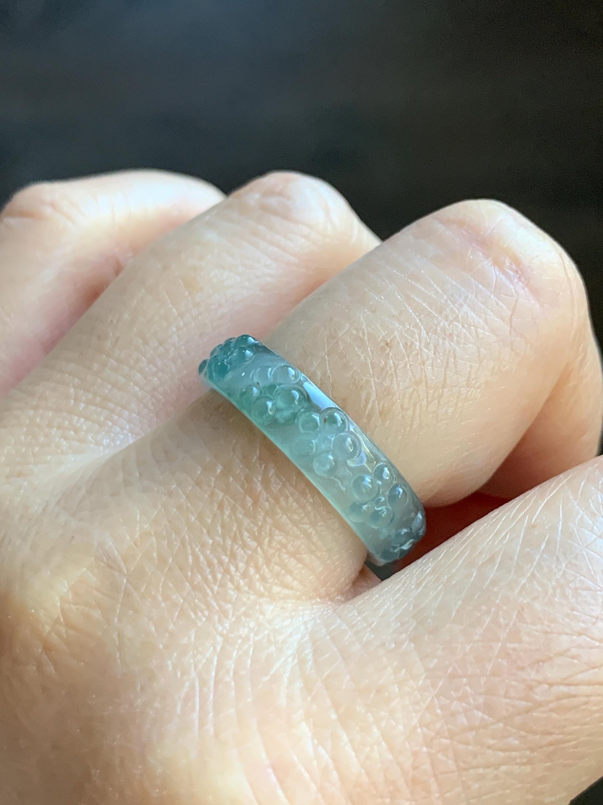 Natural Grade A Guatemalan Icy Translucent Light Teal Blue Jade Jadeite Carved Cherry Blossom Band Ring Size 8.75 US 天然冰胶危蓝翡翠梅花戒圈 WQB66F
