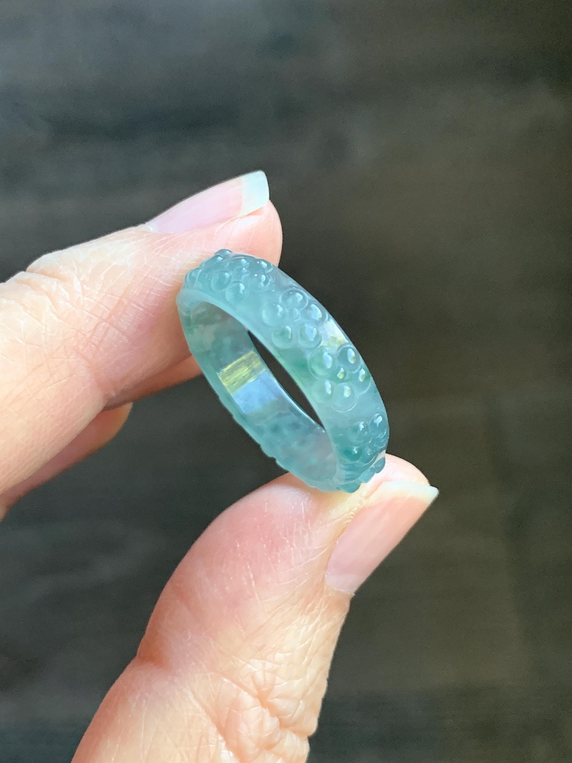 Natural Grade A Guatemalan Icy Translucent Light Teal Blue Jade Jadeite Carved Cherry Blossom Band Ring Size 8.75 US 天然冰胶危蓝翡翠梅花戒圈 WQB66F