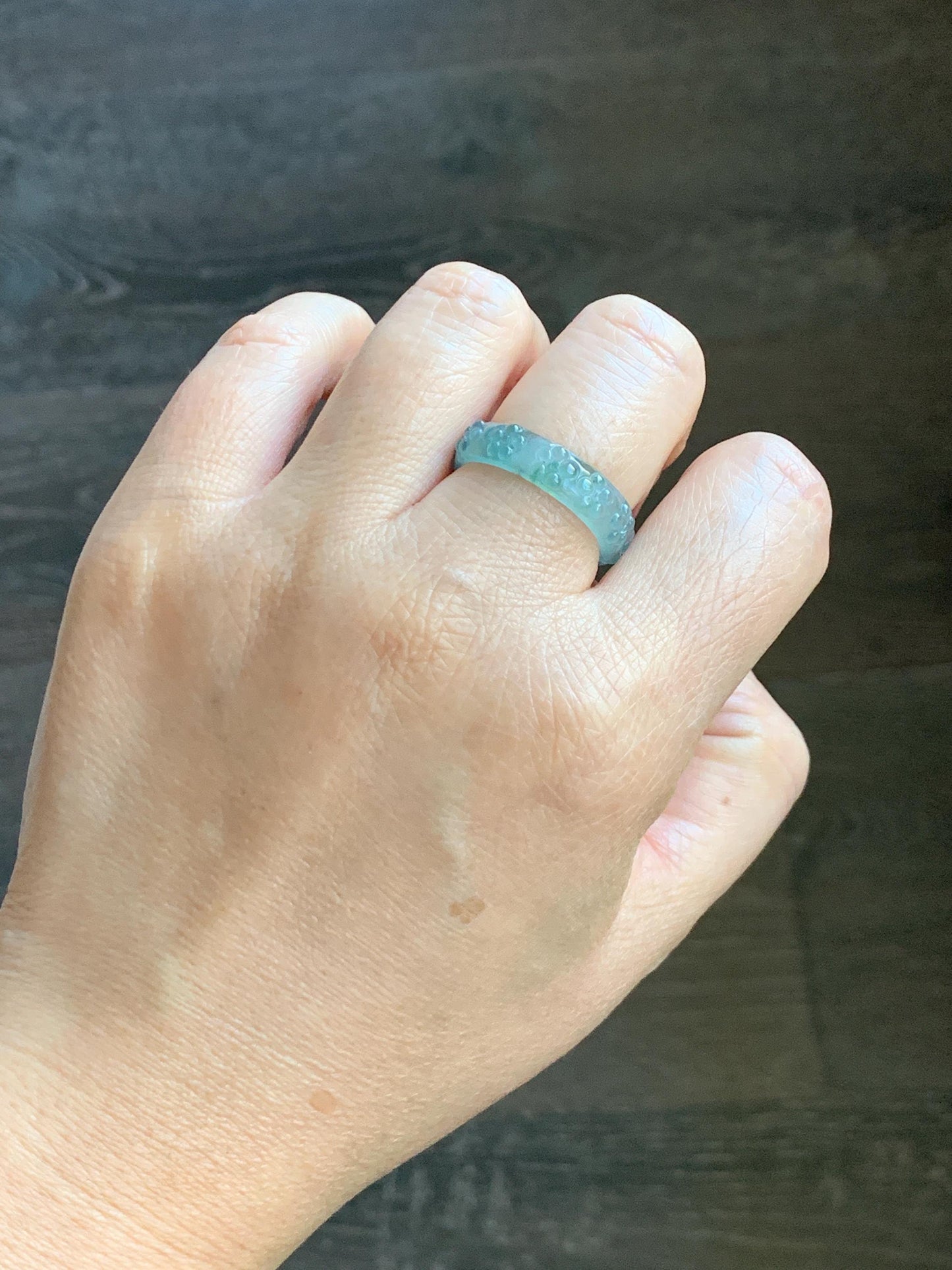 Natural Grade A Guatemalan Icy Translucent Light Teal Blue Jade Jadeite Carved Cherry Blossom Band Ring Size 8.75 US 天然冰胶危蓝翡翠梅花戒圈 WQB66F