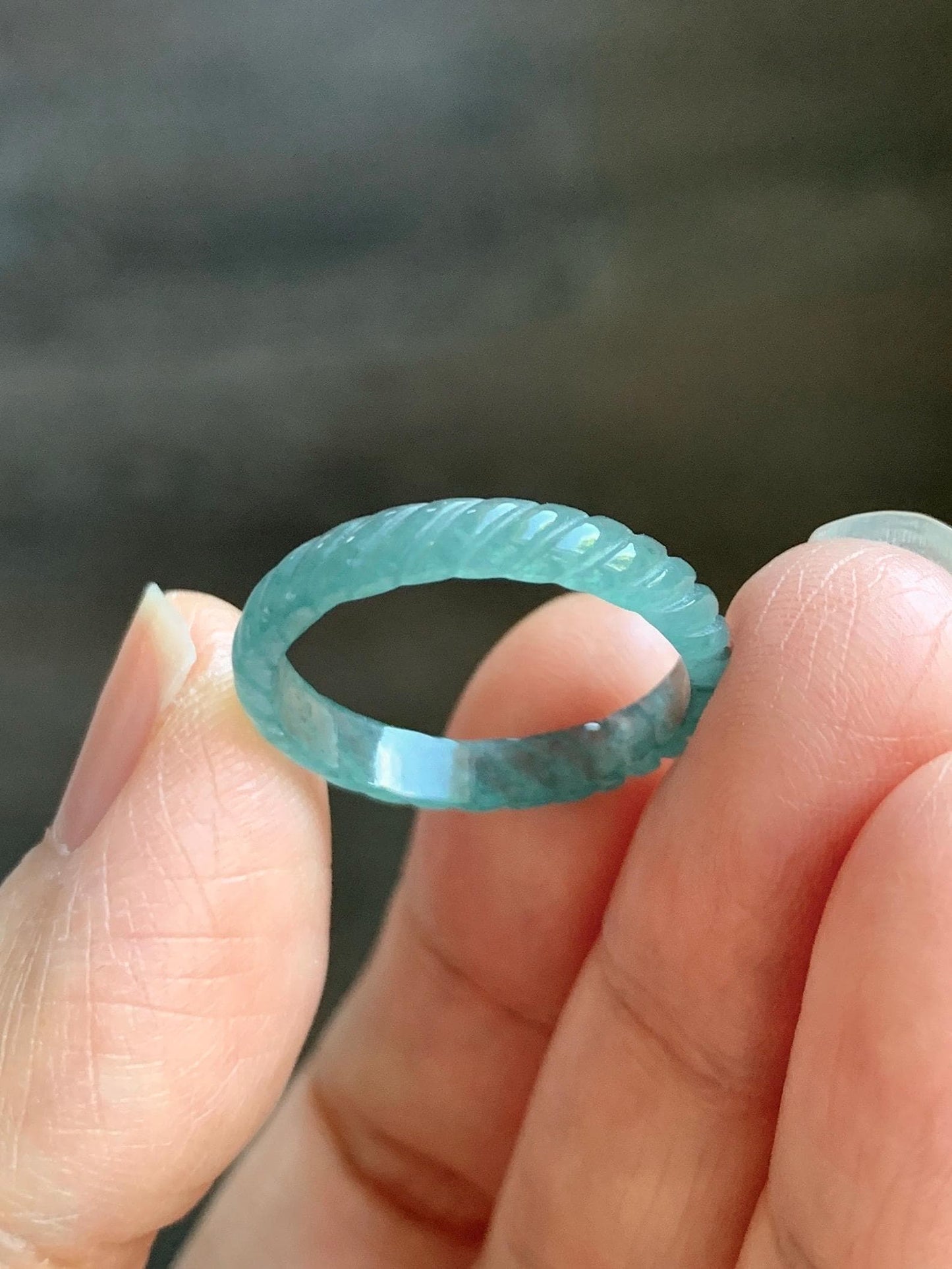 Natural Grade A Guatemalan Icy Highly Translucent Dark Teal Blue Jade Jadeite Carved Braid Band Ring Size 7.75 US 天然冰危深蓝绿翡翠麻花戒圈 WQB66M